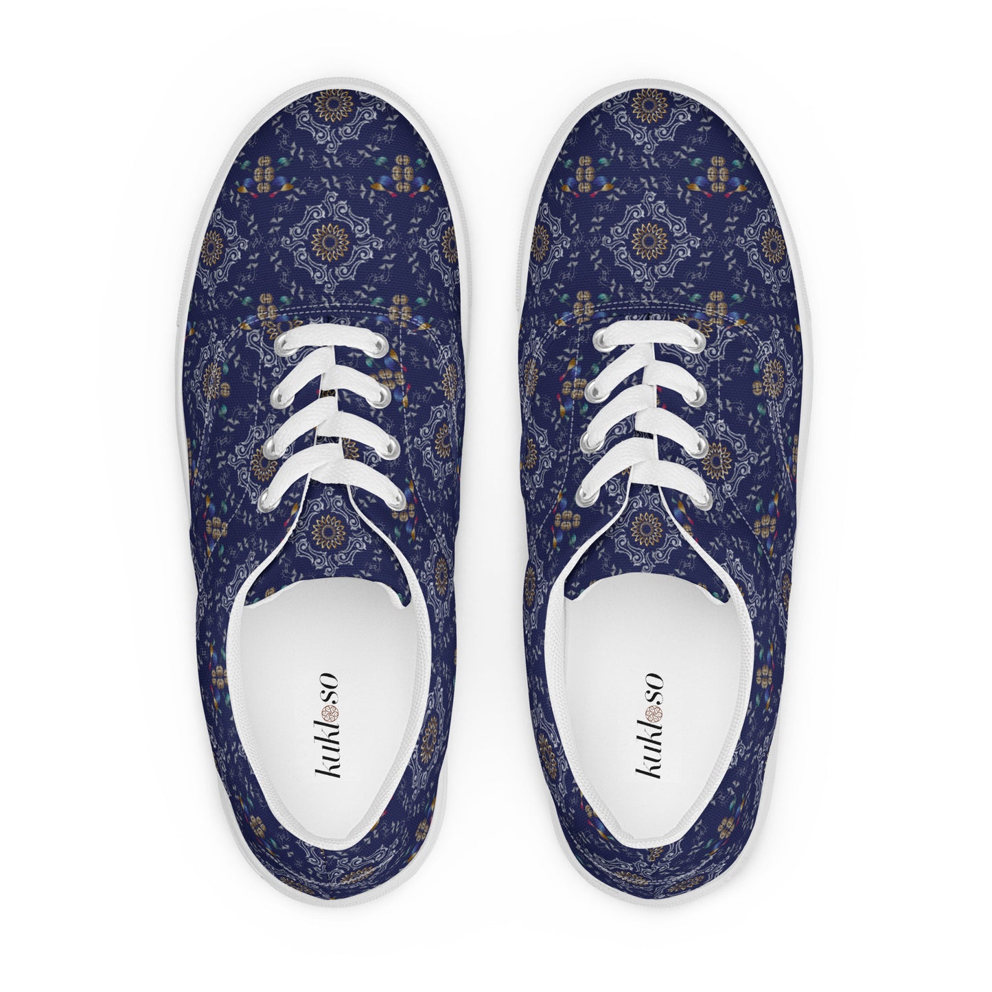 Women’s lace-up canvas shoes Kukloso Abstractical No 46 Silver/Gold Mandala Shapes on Navy - Free Shipping