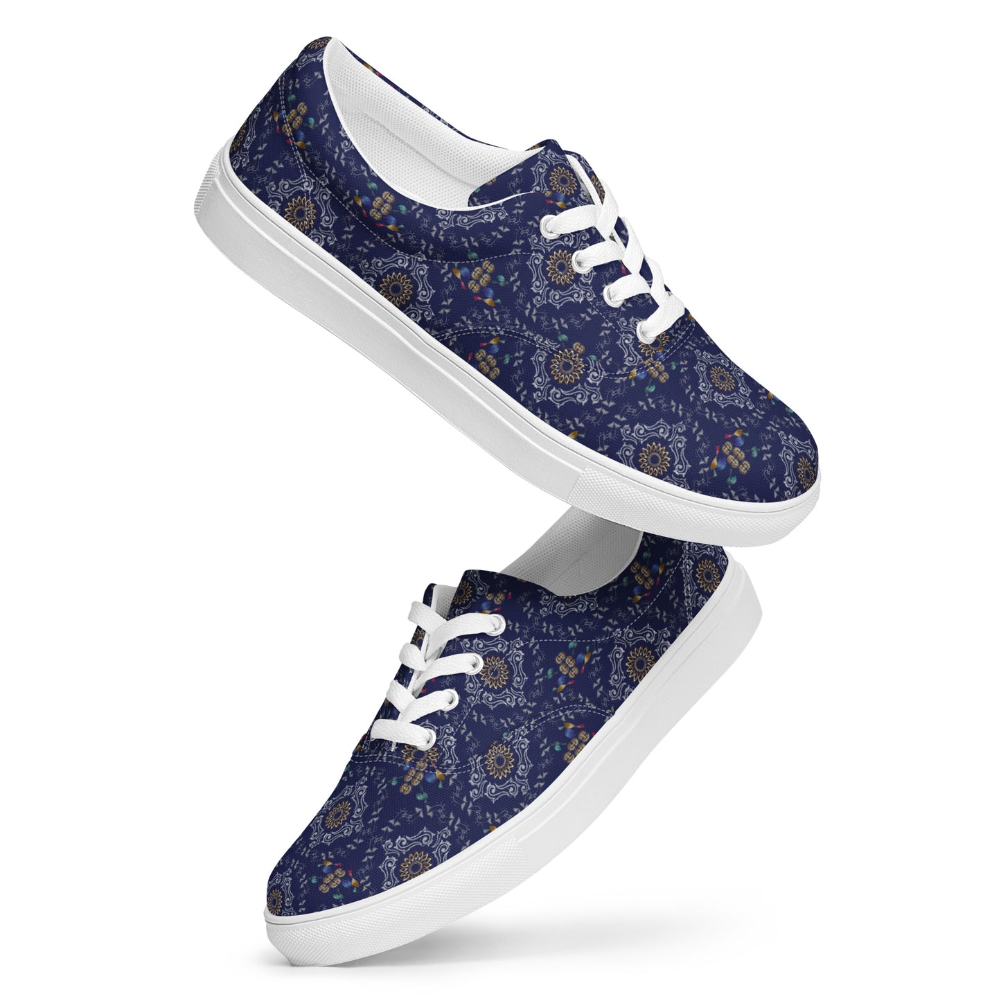 Women’s lace-up canvas shoes Kukloso Abstractical No 46 Silver/Gold Mandala Shapes on Navy - Free Shipping