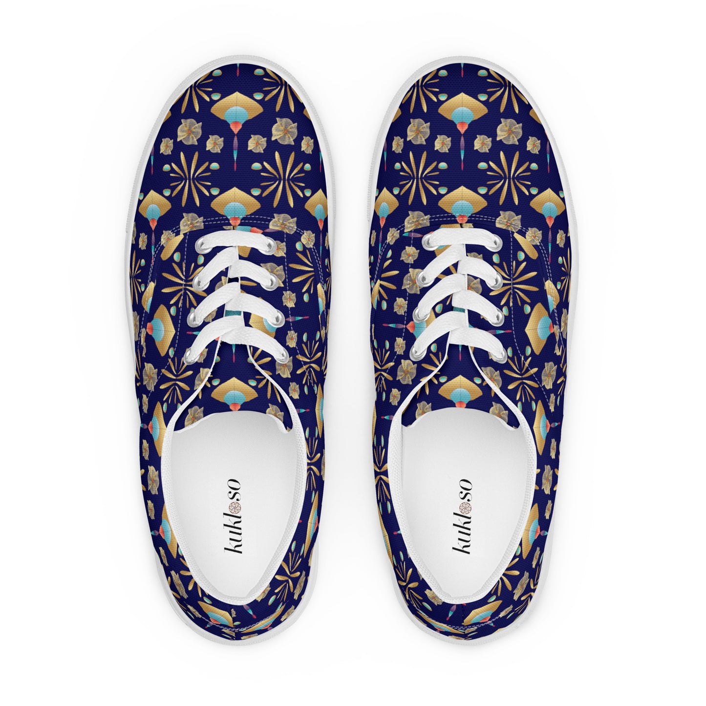 Women’s lace-up canvas shoes Kukloso Abstractical No 55 Gold Shapes on Navy - Free Shipping