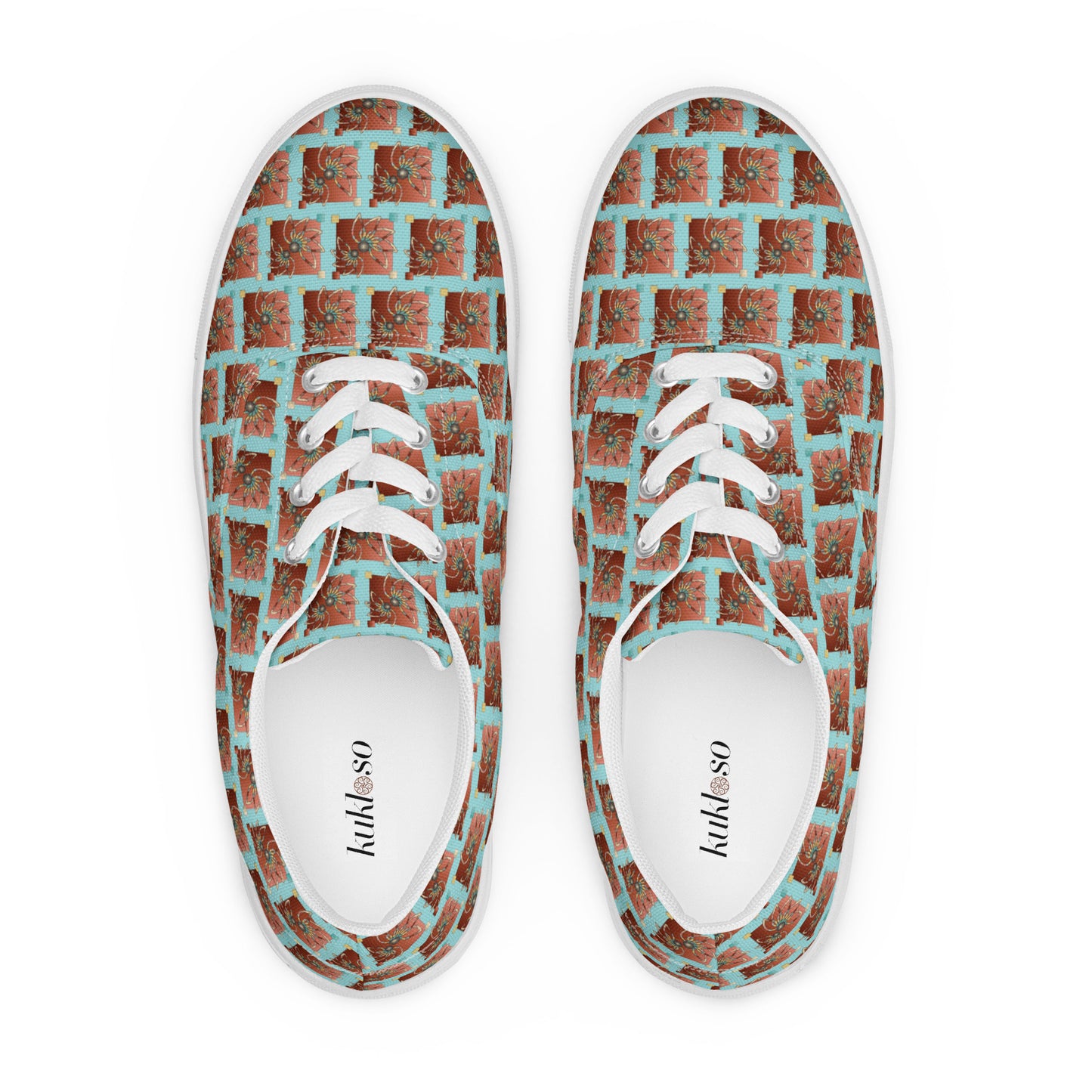 Women’s lace-up canvas shoes Kukloso Abstractical No 61 Copper Mandala Squares on Aqua - Free Shipping