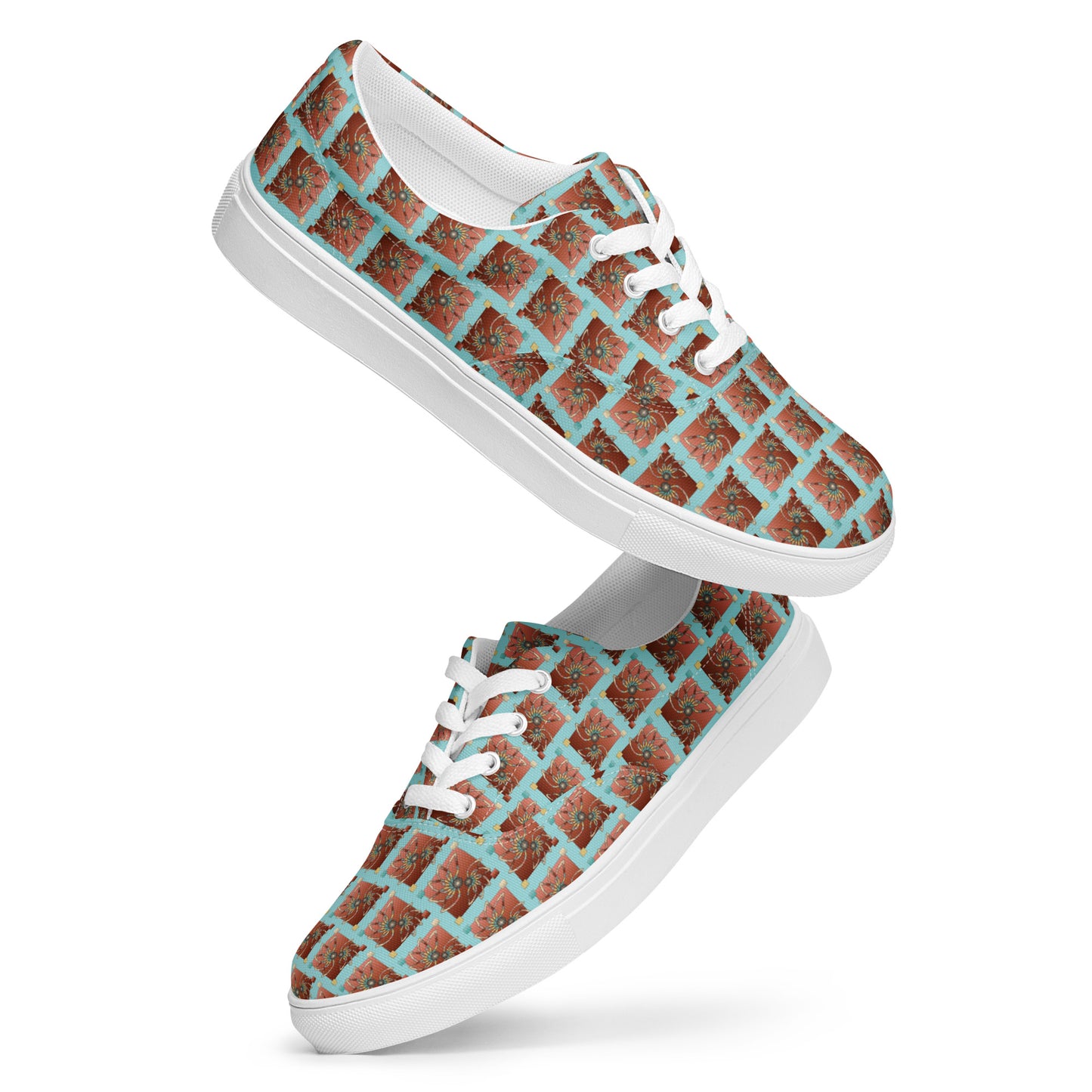 Women’s lace-up canvas shoes Kukloso Abstractical No 61 Copper Mandala Squares on Aqua - Free Shipping