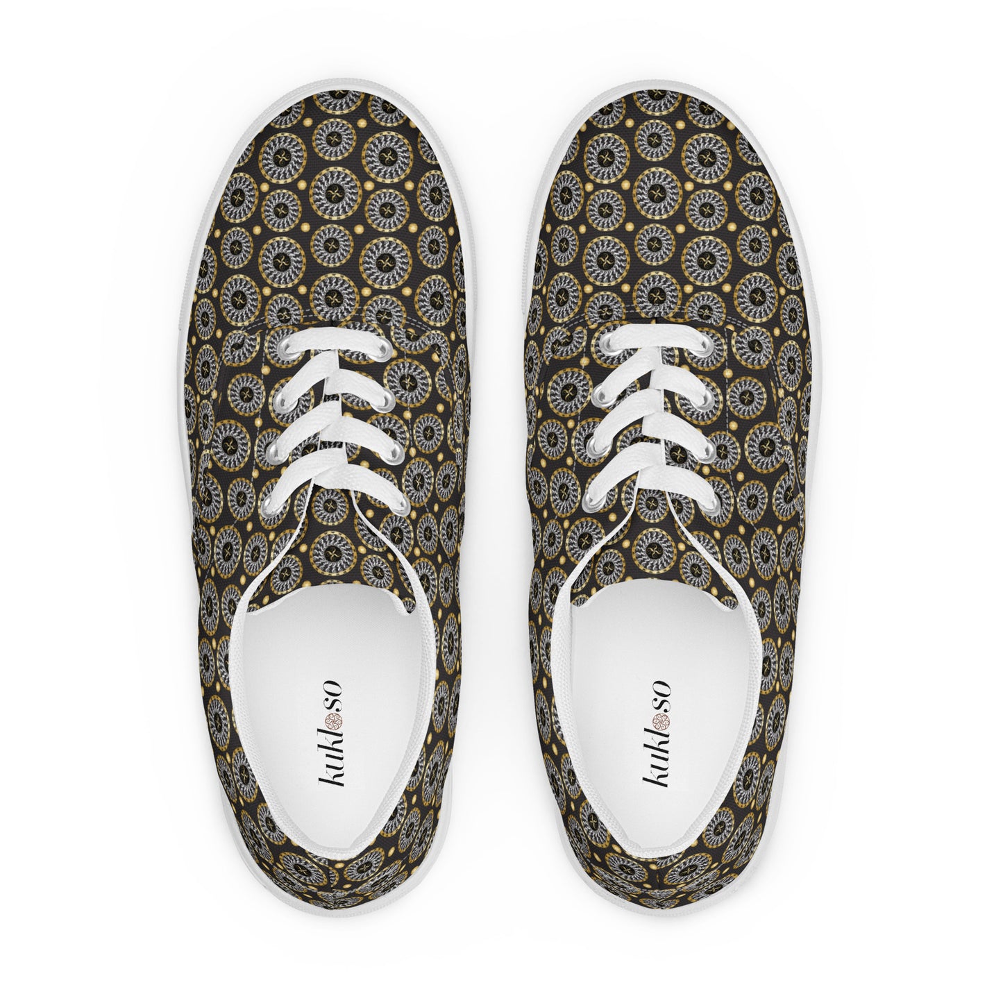 Women’s lace-up canvas shoes Kukloso Abstractical No 173 Gold/Silver Mini-Mandalas on Black - Free Shipping