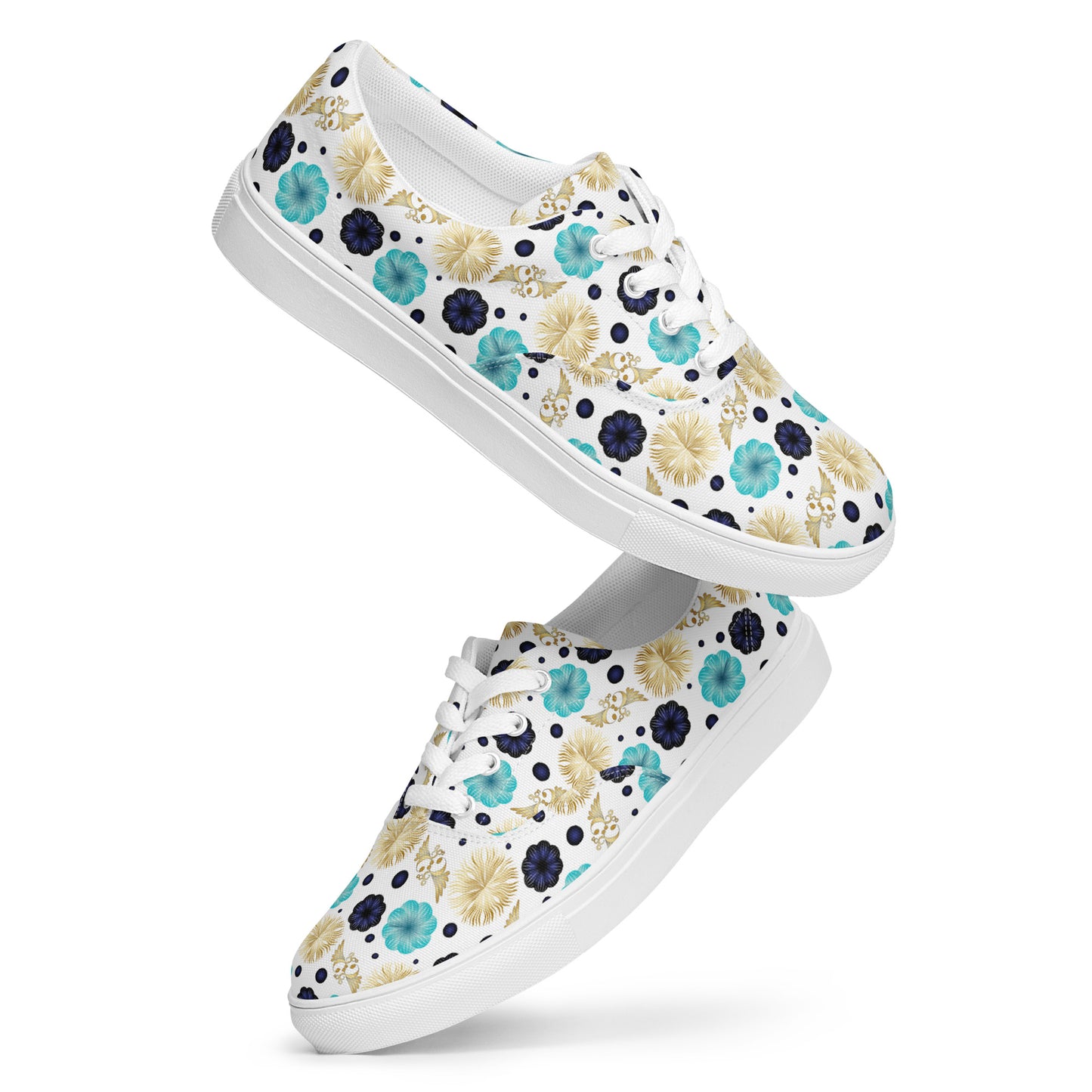 Women’s lace-up canvas shoes Kukloso Abstractical No 222 Aqua/Navy/Gold Mini-Mandalas on White - Free Shipping