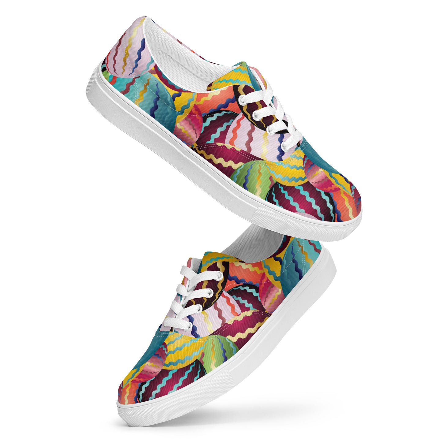 Women’s lace-up canvas shoes Kukloso Abstractical No 264 Maroon, Yellow, Aqua Multicolored Orbs- Free Shipping