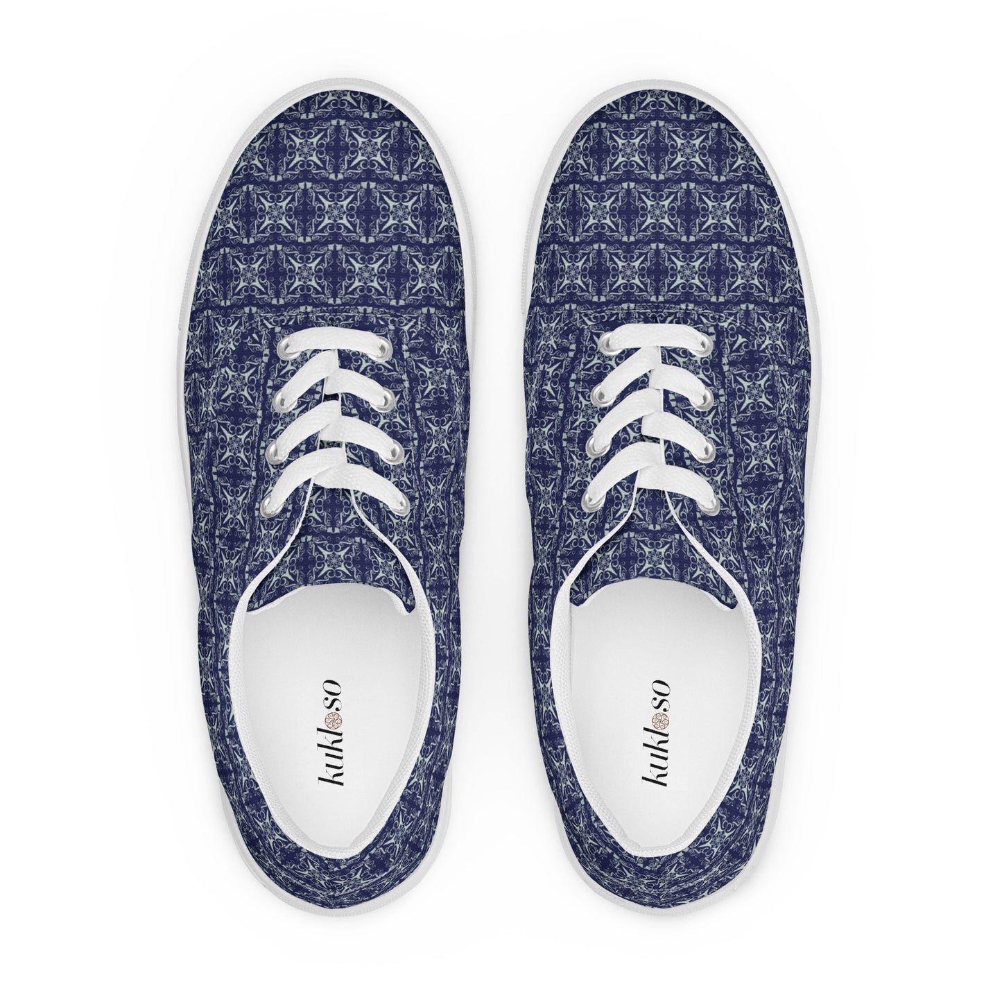 Women’s lace-up canvas shoes Kukloso AG No 10 Silver Mini-Mandalas on Navy - Free Shipping