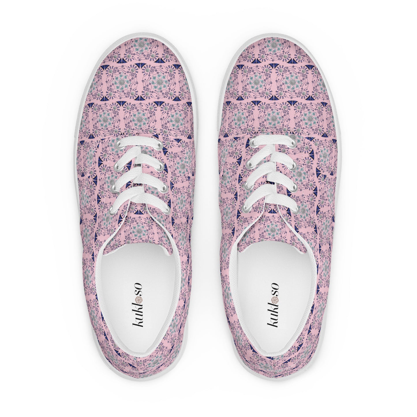 Women’s lace-up canvas shoes Kukloso AG No 23 Aqua/Navy Mini-Mandalas on Pink - Free Shipping