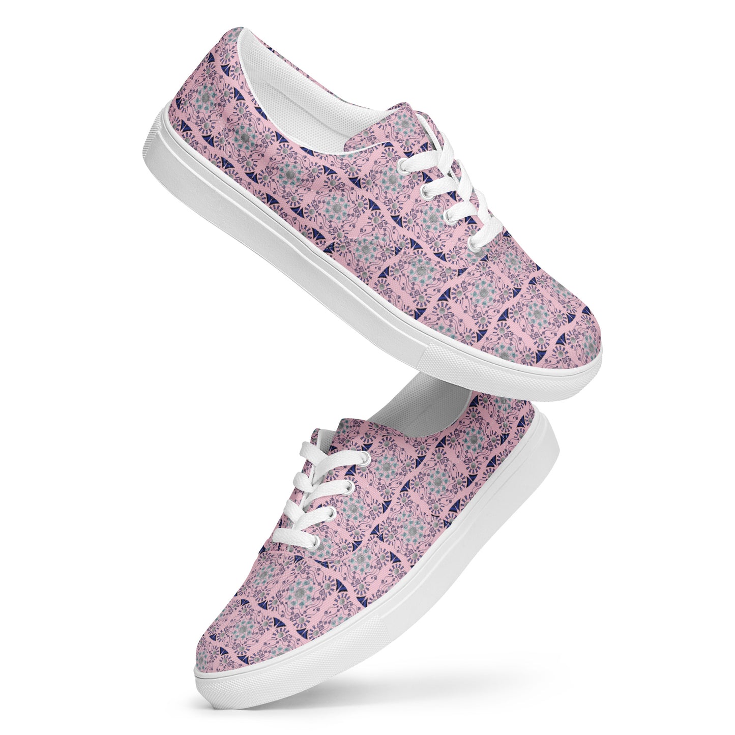 Women’s lace-up canvas shoes Kukloso AG No 23 Aqua/Navy Mini-Mandalas on Pink - Free Shipping