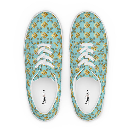 Women’s lace-up canvas shoes Kukloso AG No 27 Gold Shapes on Aqua - Free Shipping