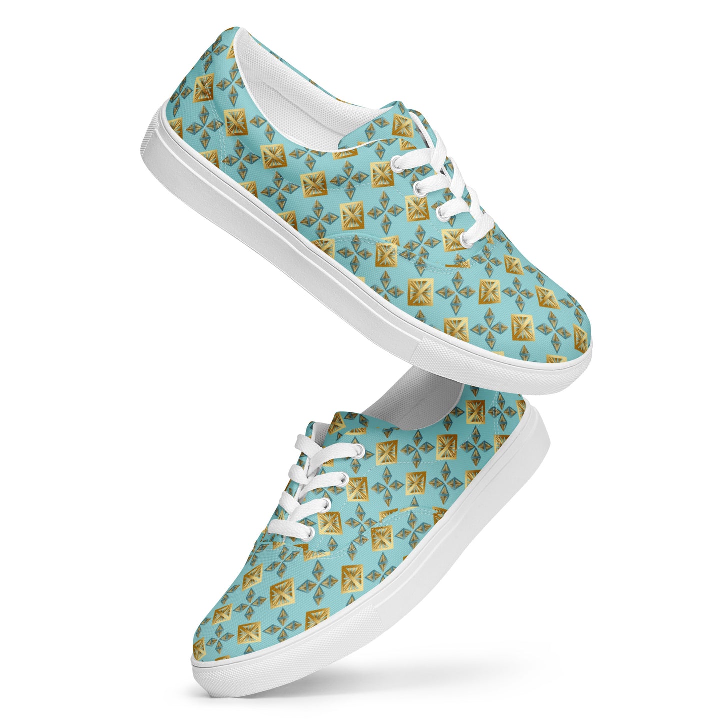 Women’s lace-up canvas shoes Kukloso AG No 27 Gold Shapes on Aqua - Free Shipping