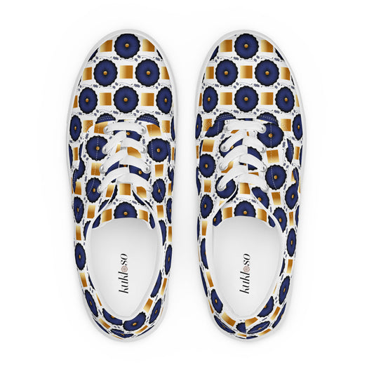 Women’s lace-up canvas shoes Kukloso AG No 29 Navy Mandalas, Gold Squares on White - Free Shipping