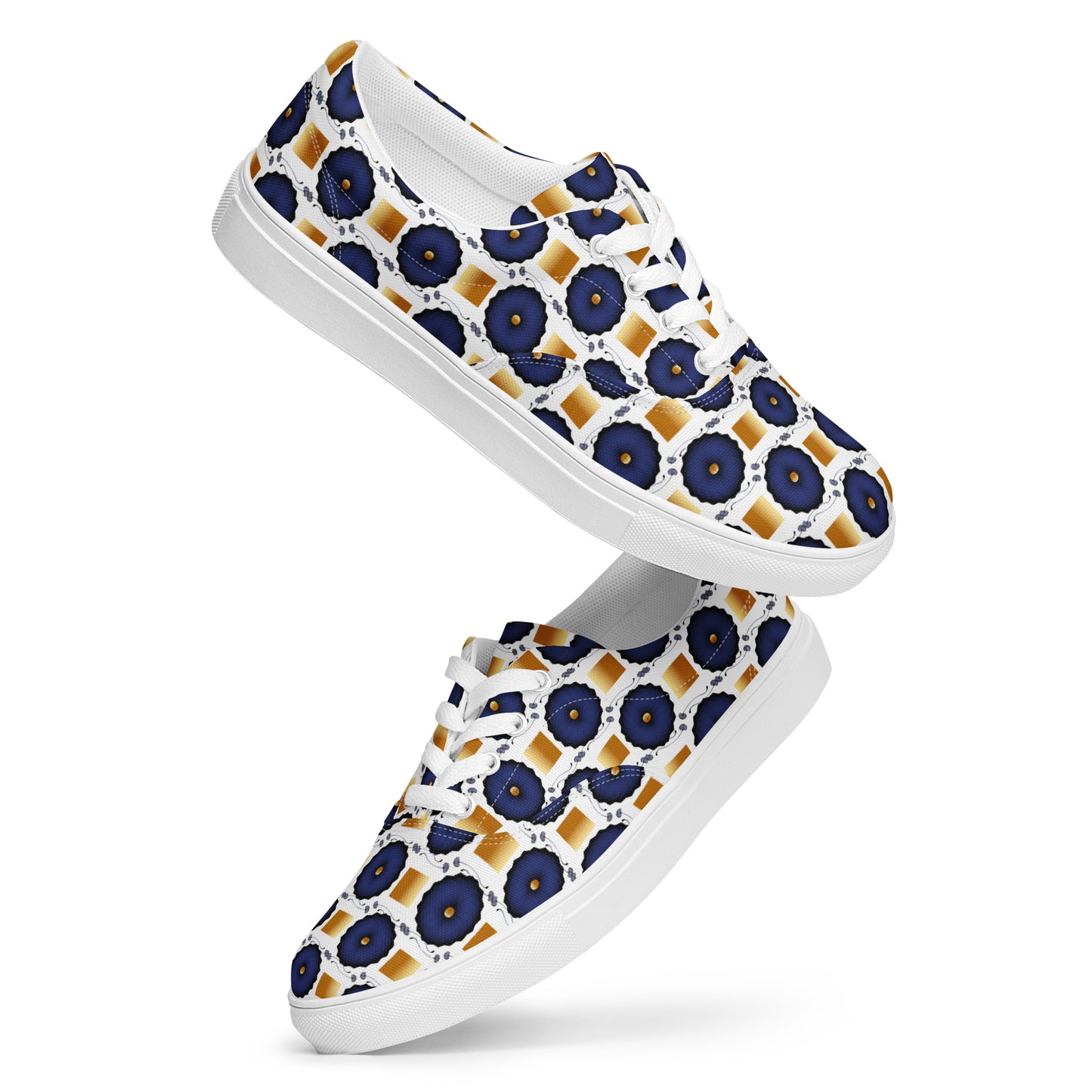 Women’s lace-up canvas shoes Kukloso AG No 29 Navy Mandalas, Gold Squares on White - Free Shipping