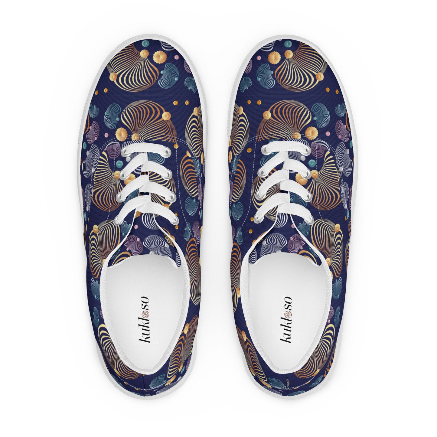 Women’s lace-up canvas shoes Kukloso AG No 44 Gold, Silver, Aqua Spirals on Navy - Free Shipping