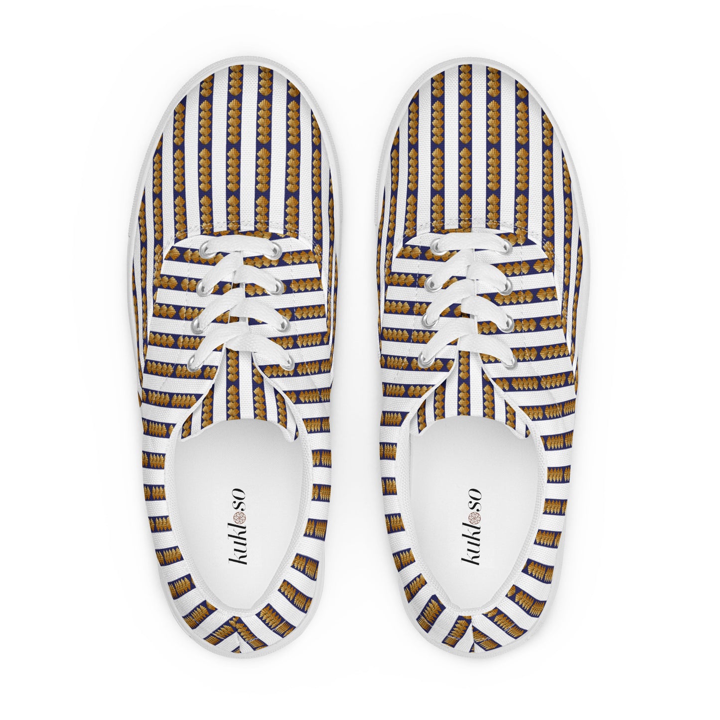 Women’s lace-up canvas shoes Kukloso FS No 6 - Gold Shapes on Navy Stripes on White - Free Shipping