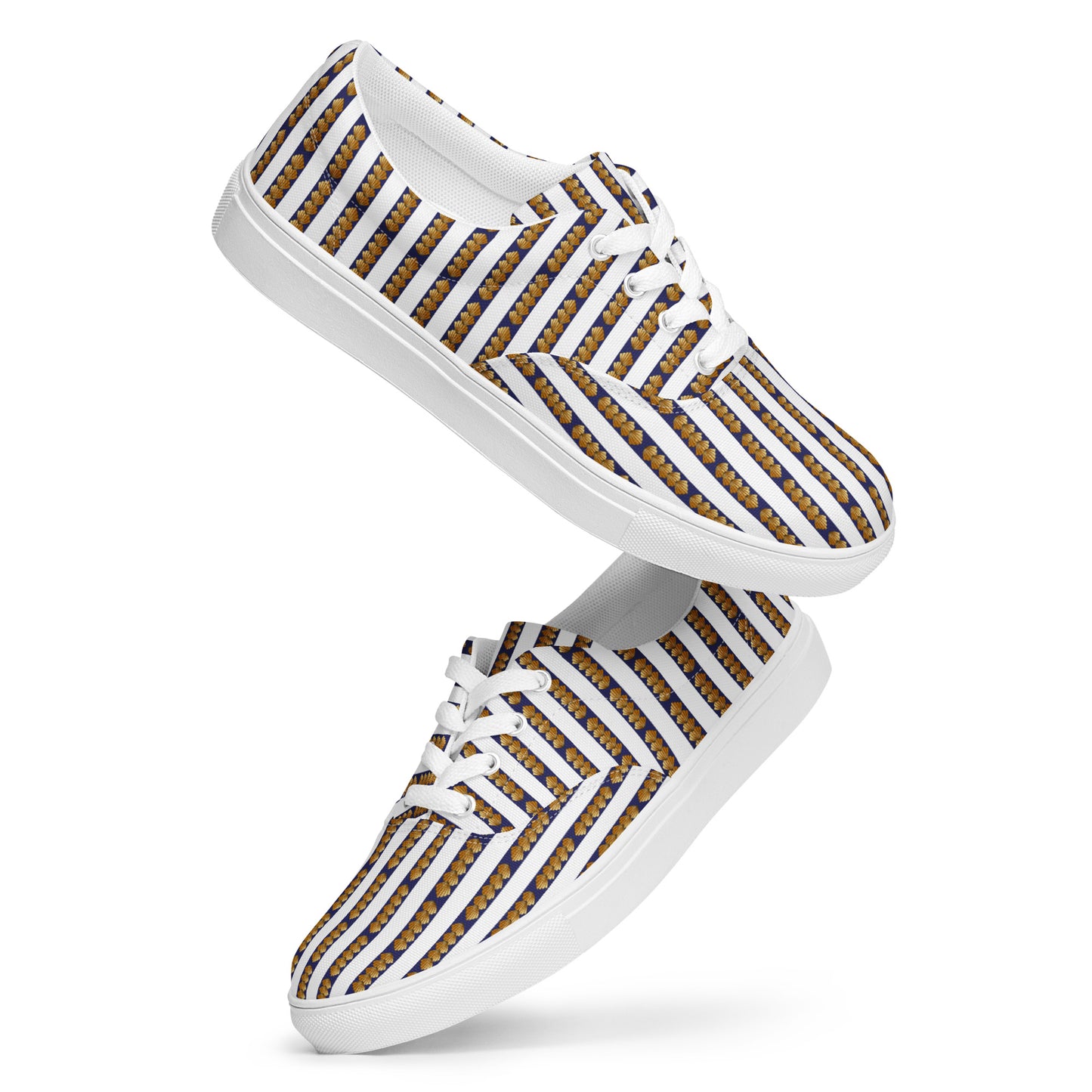 Women’s lace-up canvas shoes Kukloso FS No 6 - Gold Shapes on Navy Stripes on White - Free Shipping