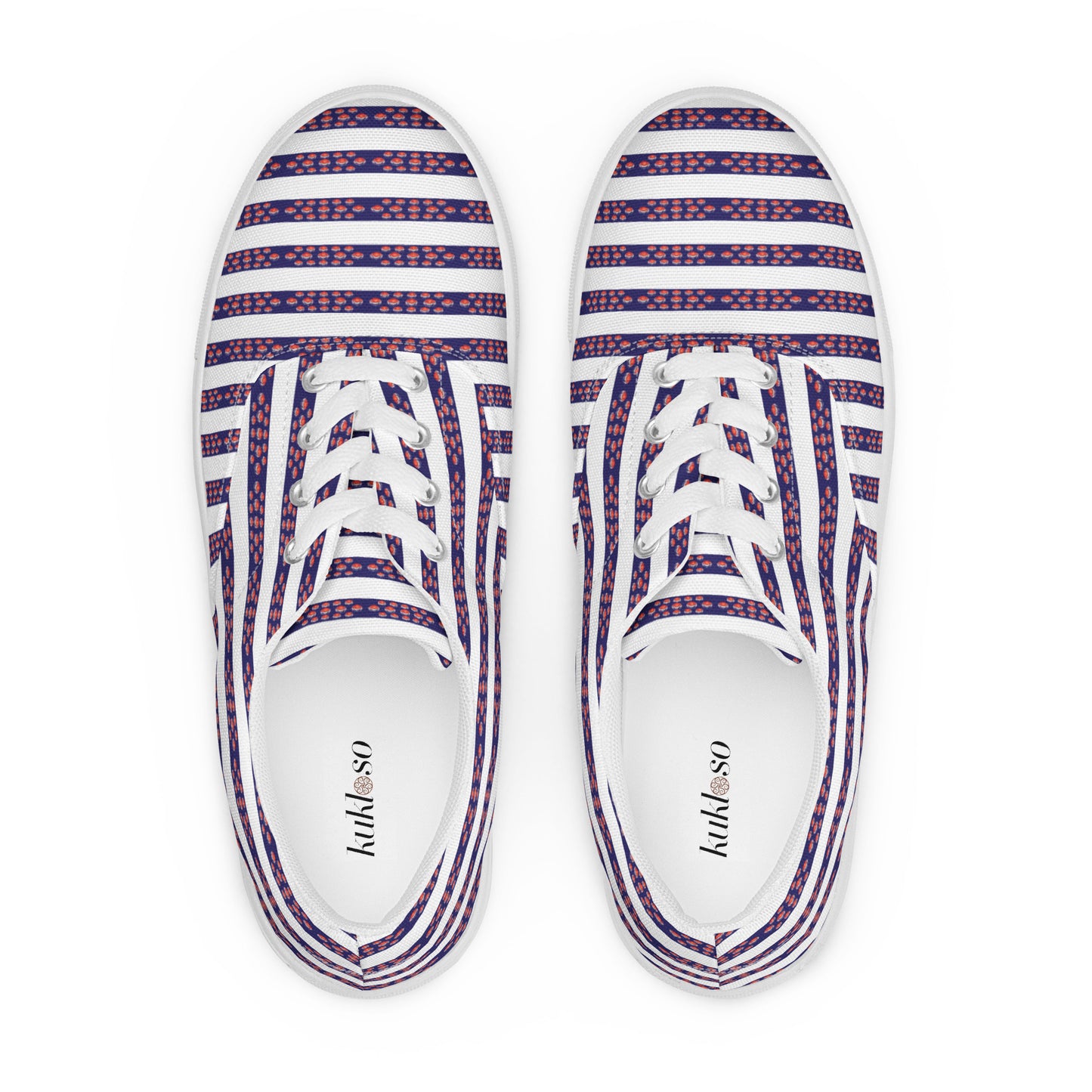 Women’s lace-up canvas shoes Kukloso FS No 12 Red Orbs on Blue Stripes on White - Free Shipping