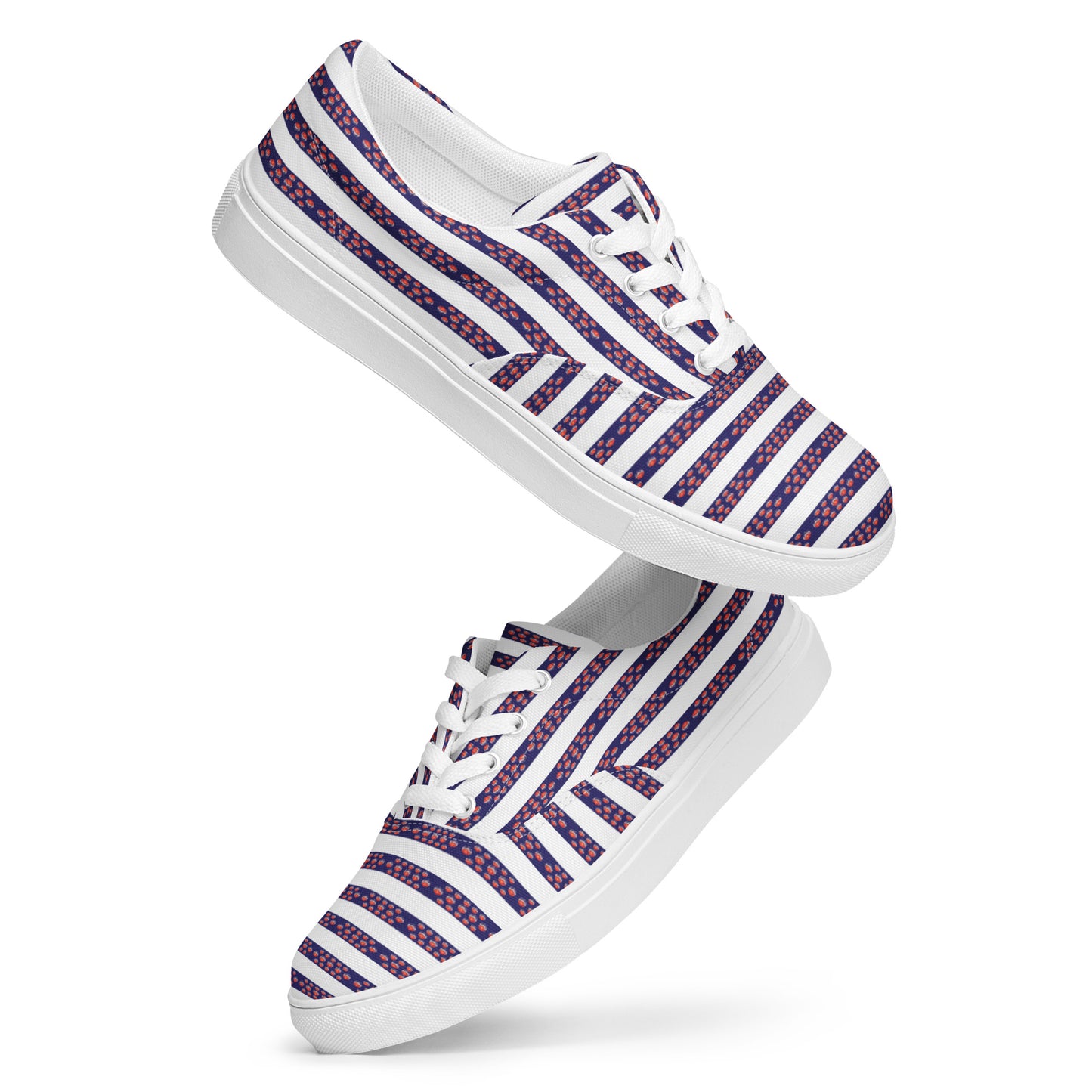 Women’s lace-up canvas shoes Kukloso FS No 12 Red Orbs on Blue Stripes on White - Free Shipping