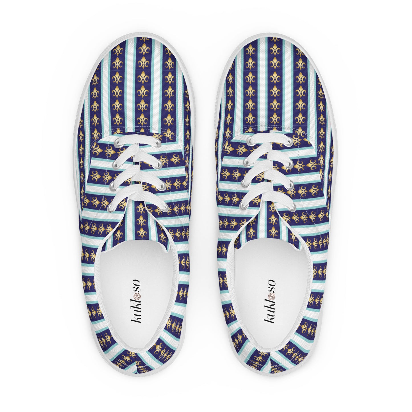 Women’s lace-up canvas shoes Kukloso FS No 58 Gold Fleur de lys - Navy Stripes on White - Free Shipping