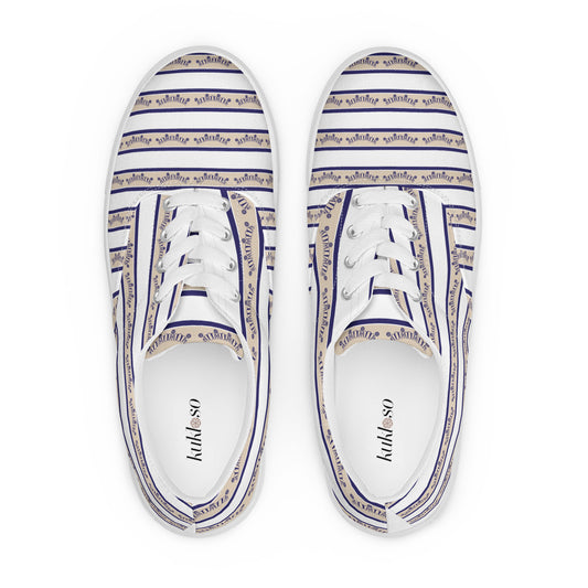 Women’s lace-up canvas shoes Kukloso FS No 96 Tan/Navy Stripes on White - Free Shipping