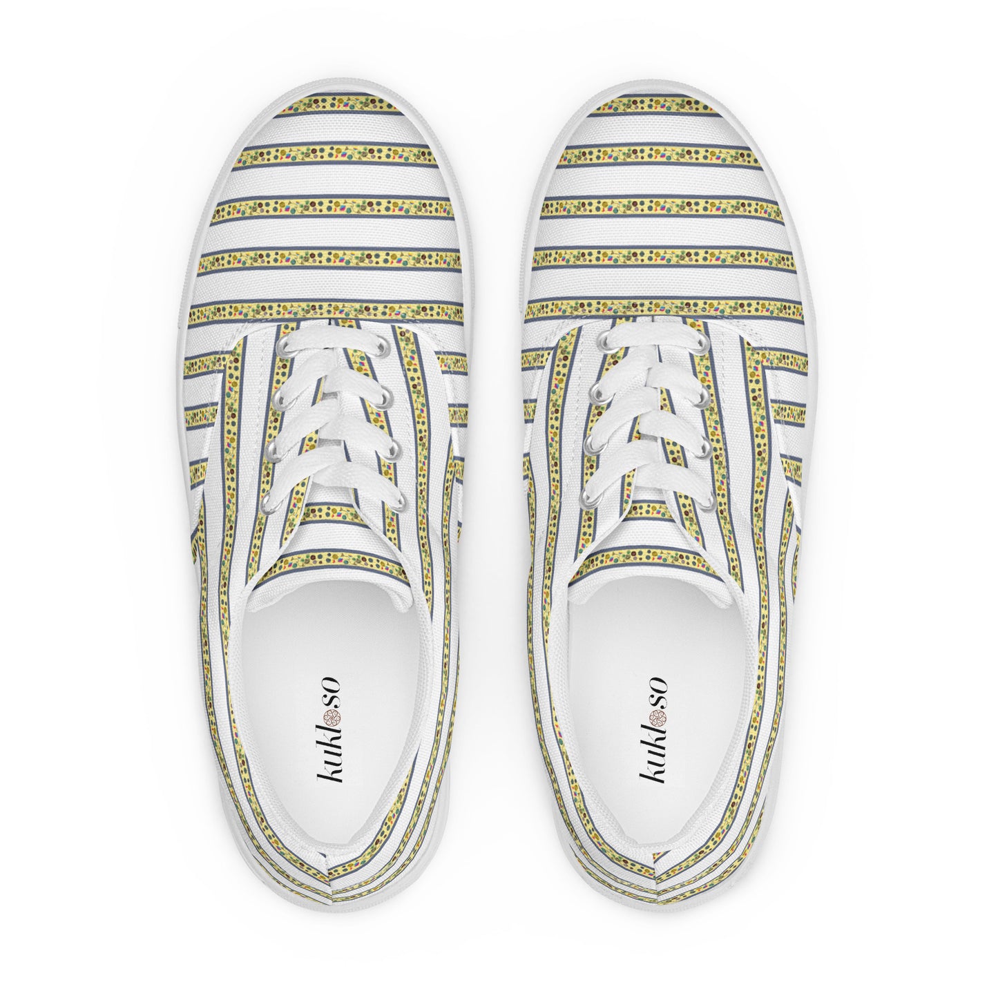 Women’s lace-up canvas shoes Kukloso FS No 104 Yellow Stripes on White - Free Shipping