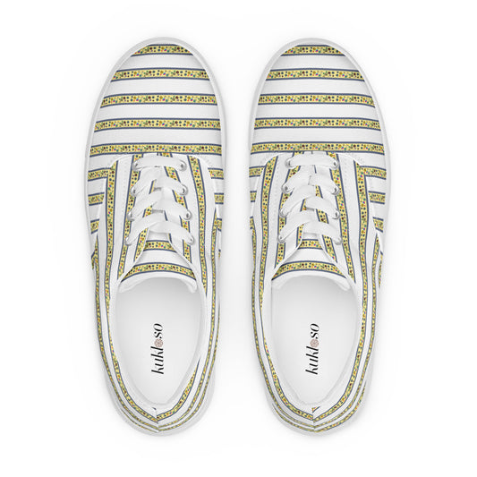 Women’s lace-up canvas shoes Kukloso FS No 104 Yellow Stripes on White - Free Shipping