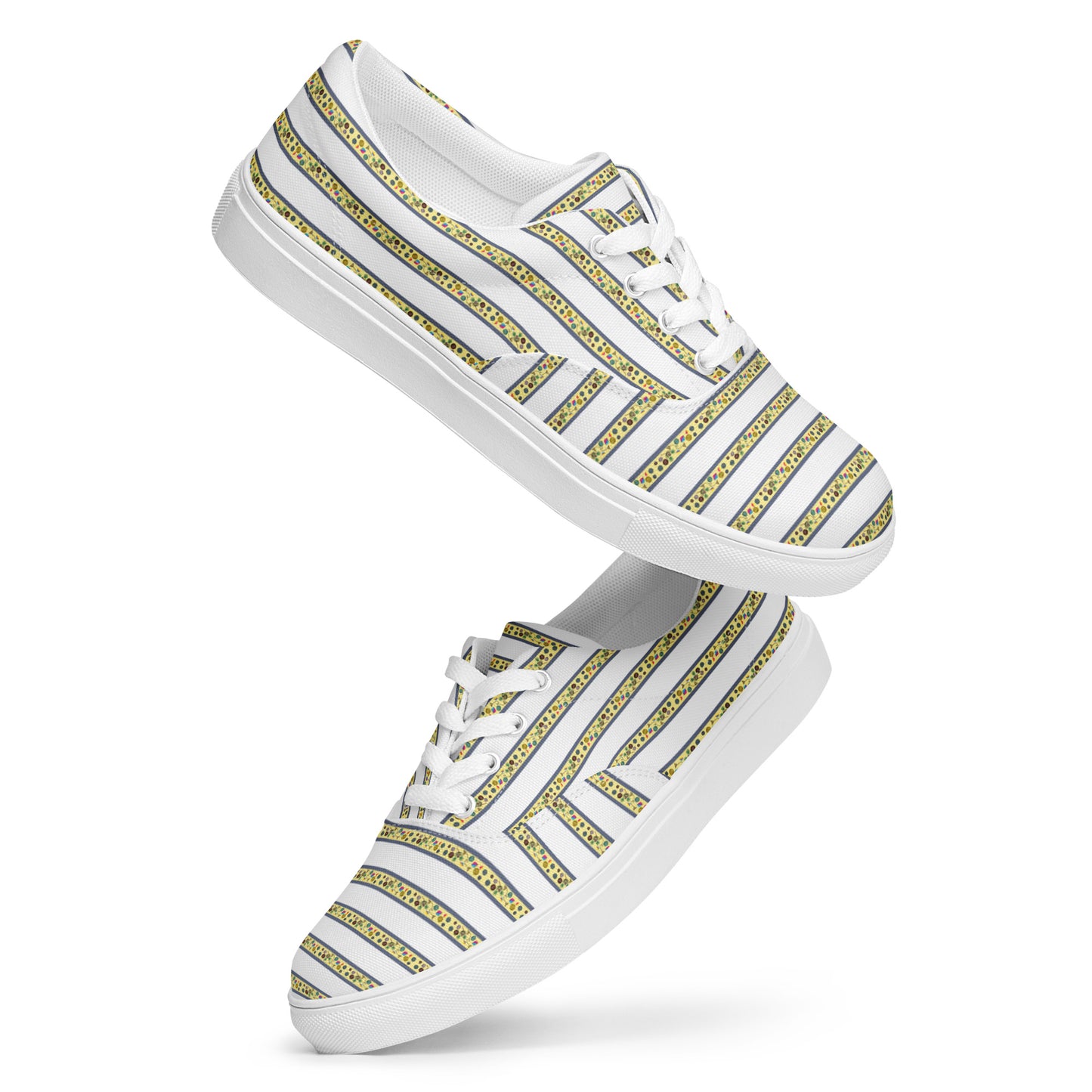 Women’s lace-up canvas shoes Kukloso FS No 104 Yellow Stripes on White - Free Shipping