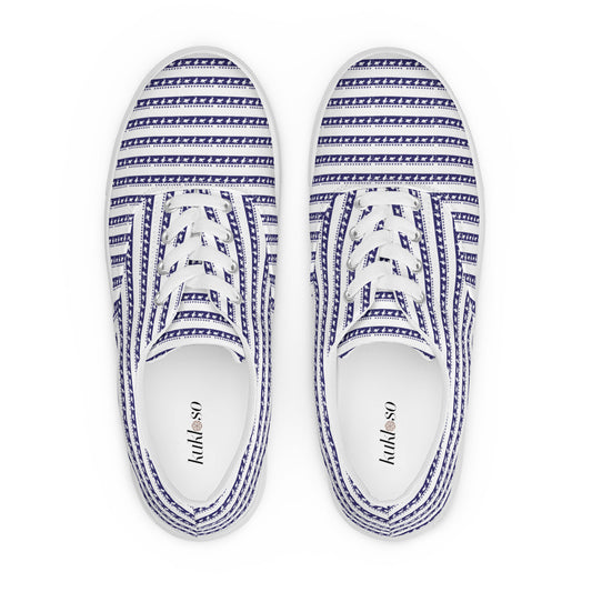 Women’s lace-up canvas shoes Kukloso Happy Ganesh (elephant ) Blue Stripes on White - Free Shipping