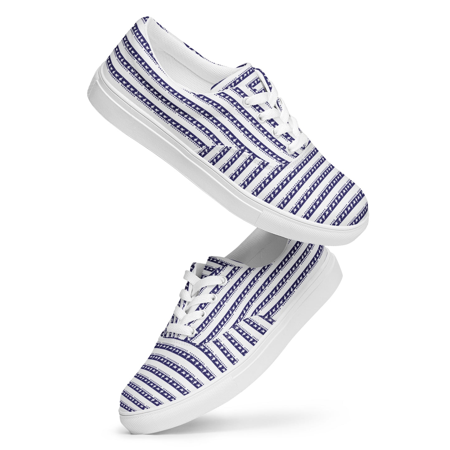 Women’s lace-up canvas shoes Kukloso Happy Ganesh (elephant ) Blue Stripes on White - Free Shipping