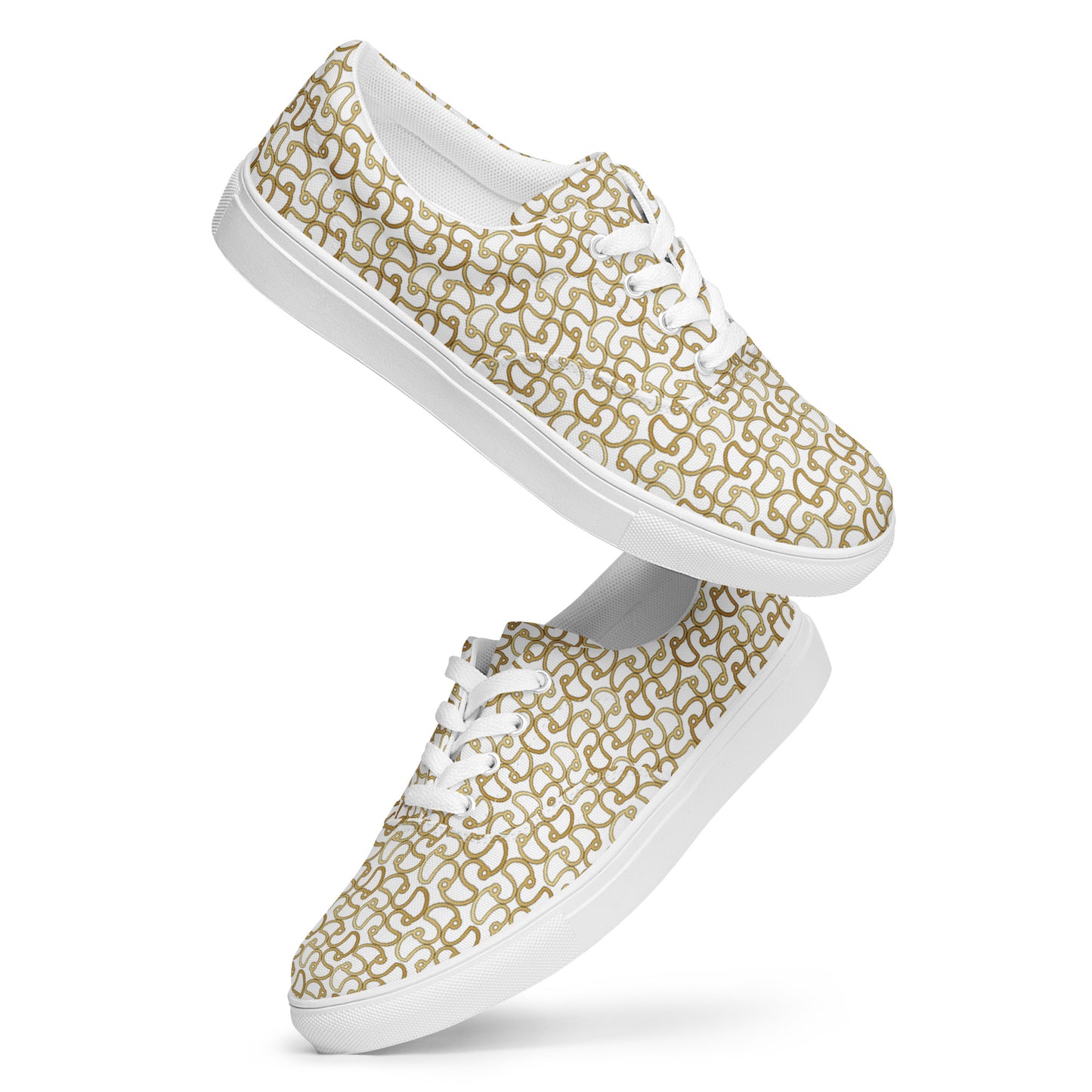 Women’s lace-up canvas shoes Kukloso Fleurons No 16 Gold Shapes on White - Free Shipping