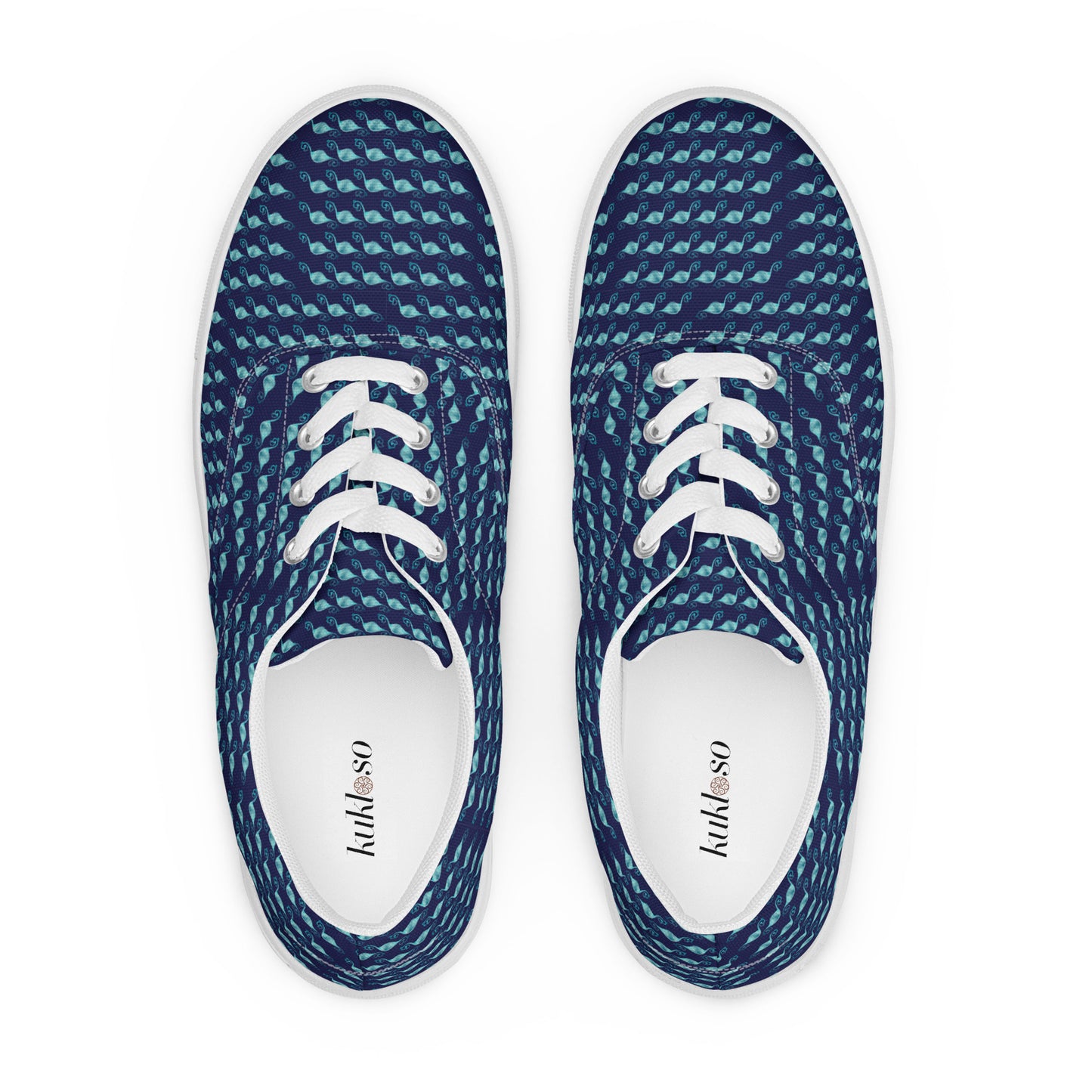 Women’s lace-up canvas shoes Kukloso Fleurons No 30 Aqua shapes on Navy - Free Shipping