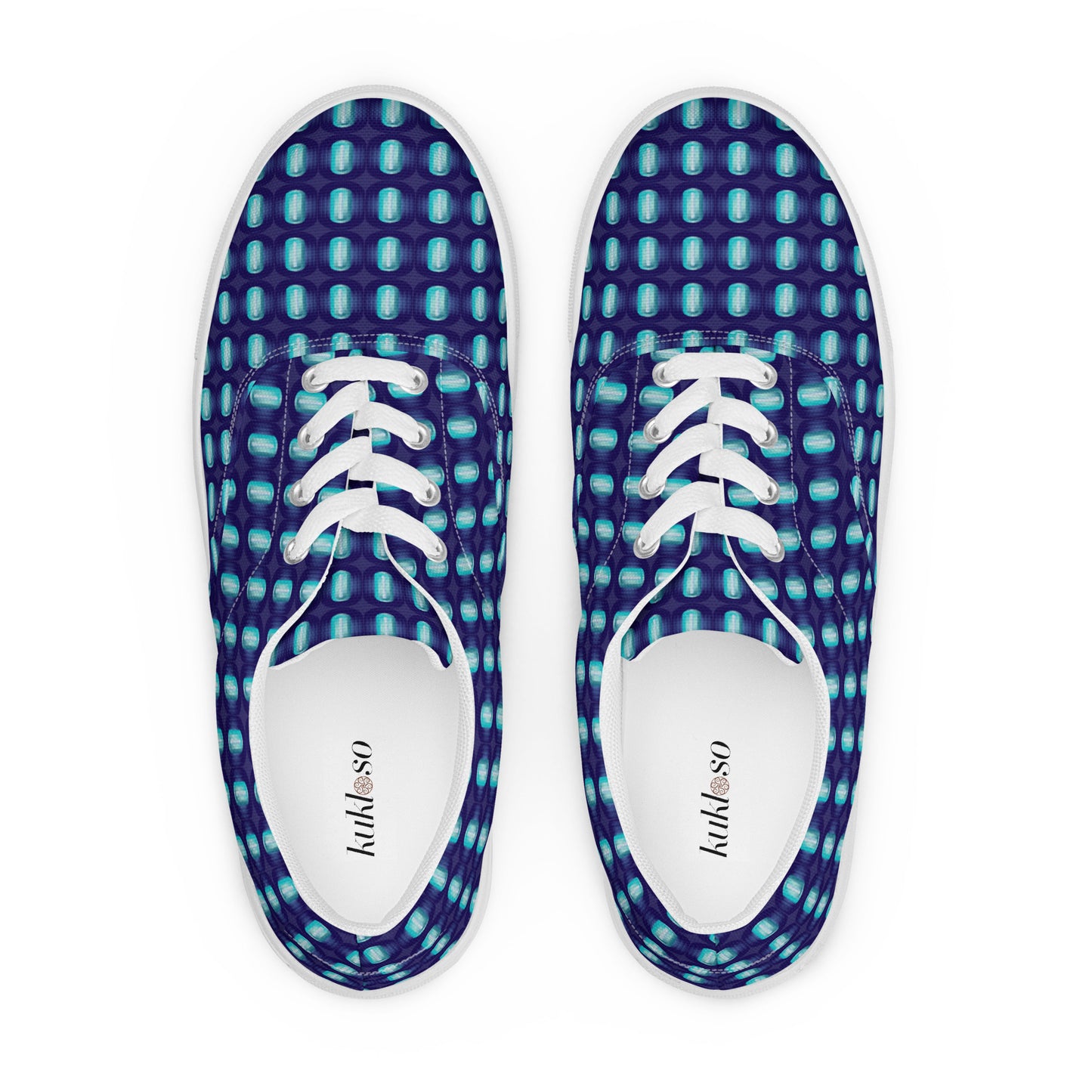 Women’s lace-up canvas shoes Kukloso Fleurons No 36 Aqua shapes on Navy - Free Shipping