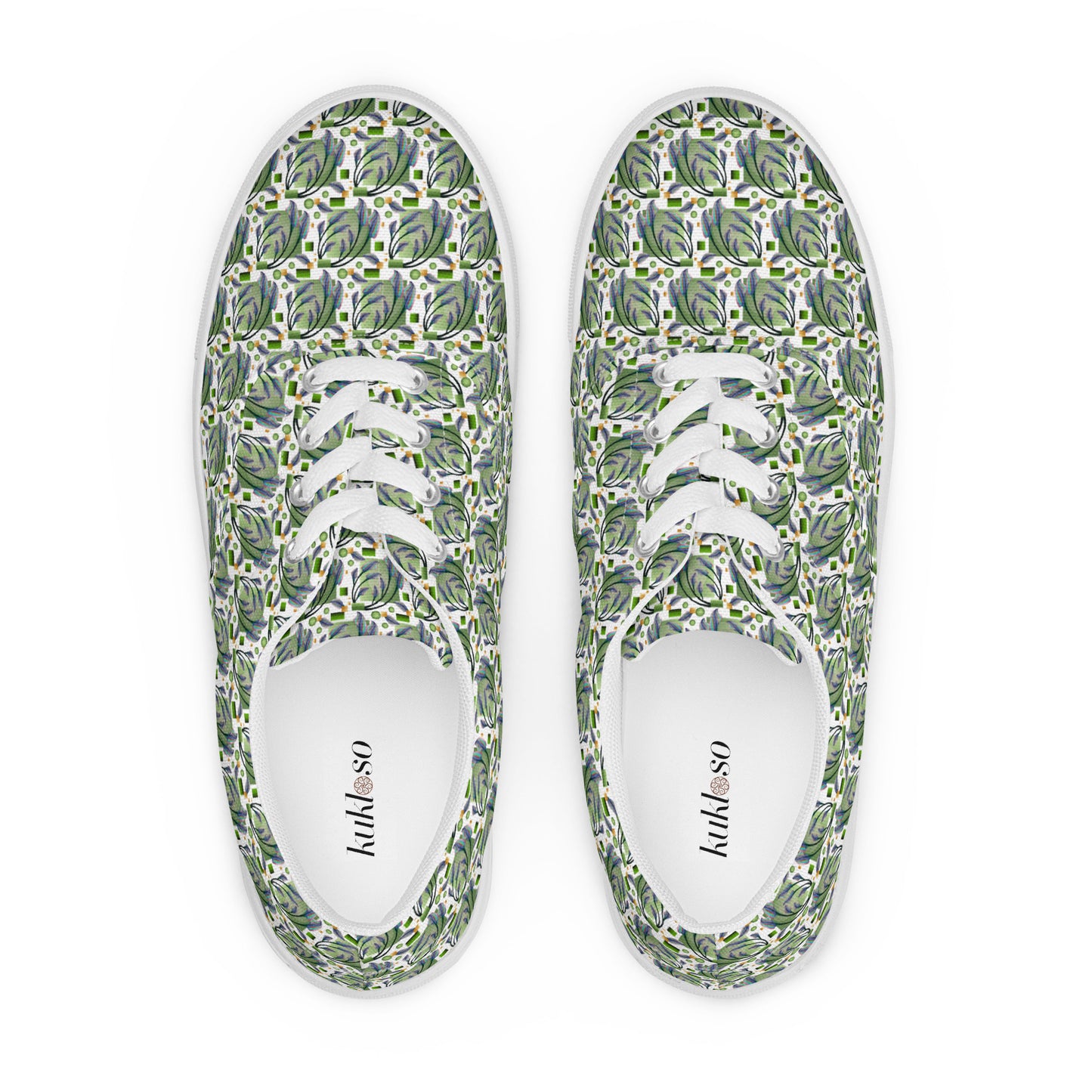 Women’s lace-up canvas shoes Kukloso Melange de fleur No 46 Green on White - Free Shipping