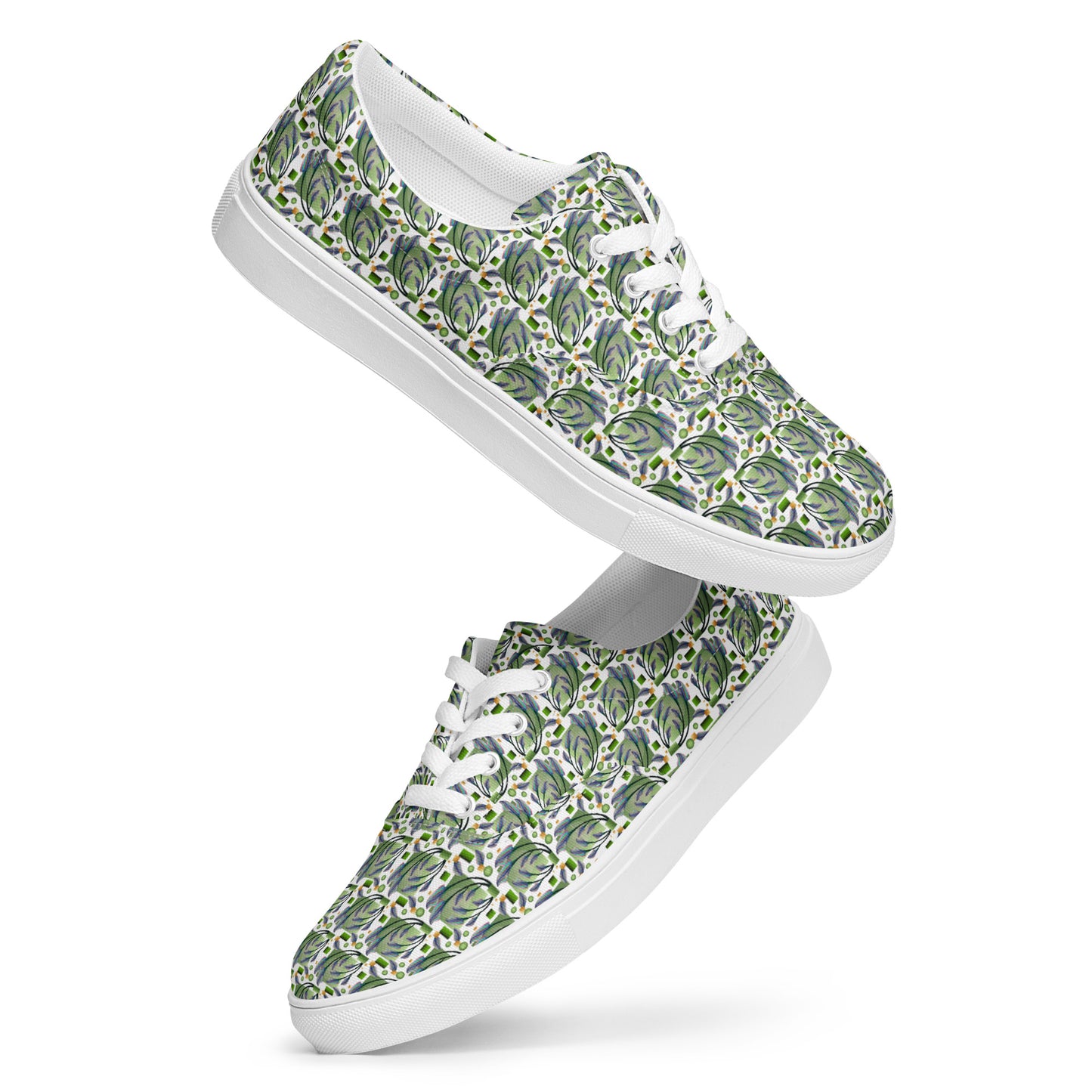 Women’s lace-up canvas shoes Kukloso Melange de fleur No 46 Green on White - Free Shipping