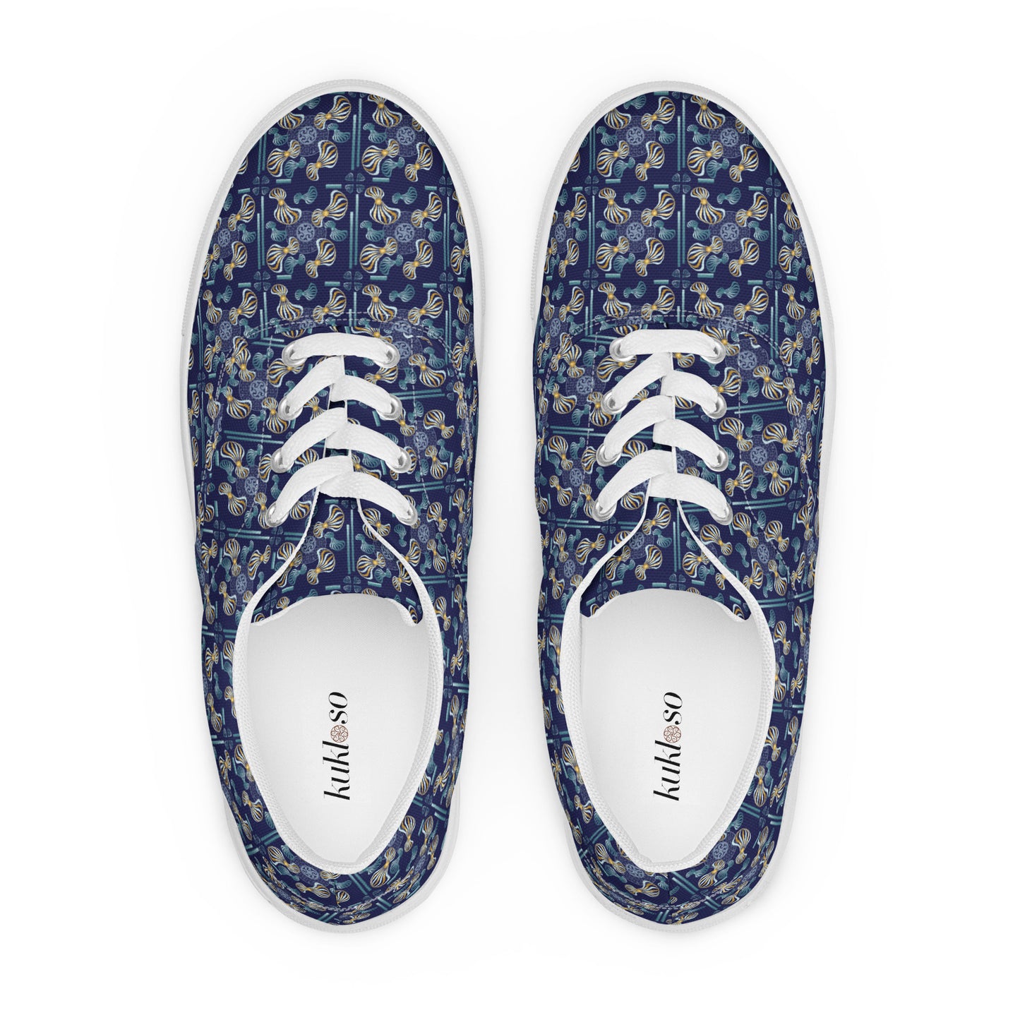 Women’s lace-up canvas shoes Kukloso Whimsical No 97 Aqua/Gold Spirials on Navy - Free Shipping