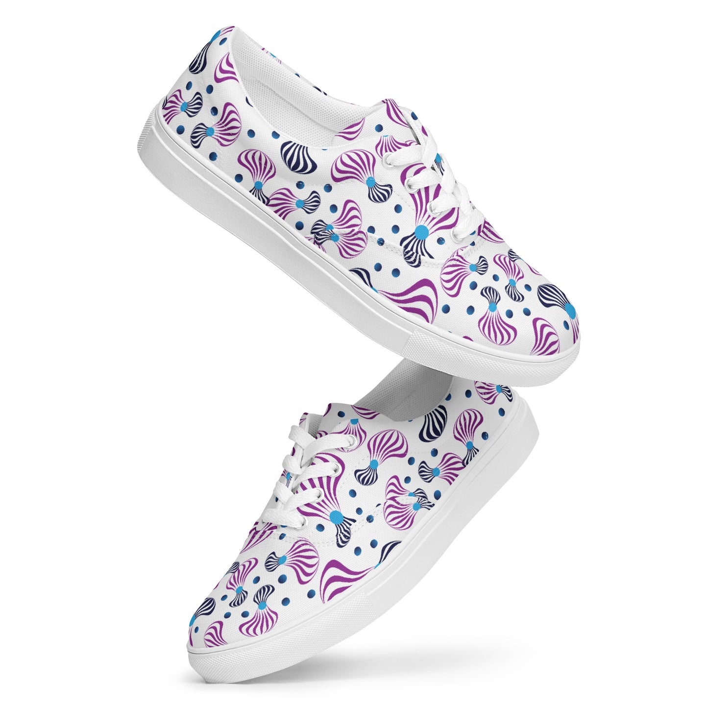 Women’s lace-up canvas shoes Kukloso Whimsical No 95 Purple/Aqua/Navy Spirials on White - Free Shipping