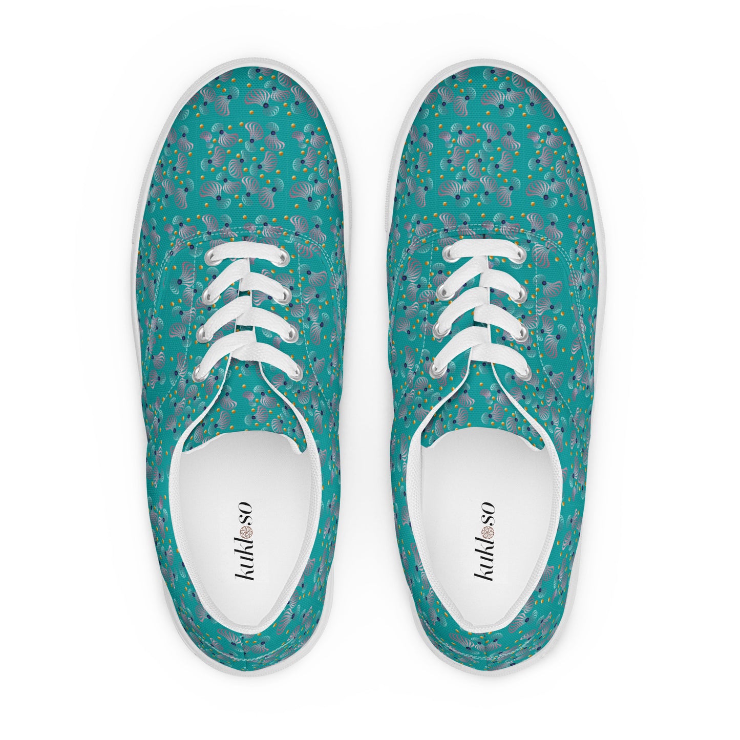 Women’s lace-up canvas shoes Kukloso Whimsical No 83 Pink/Aqua/Navy Spirials on Turquoise - Free Shipping