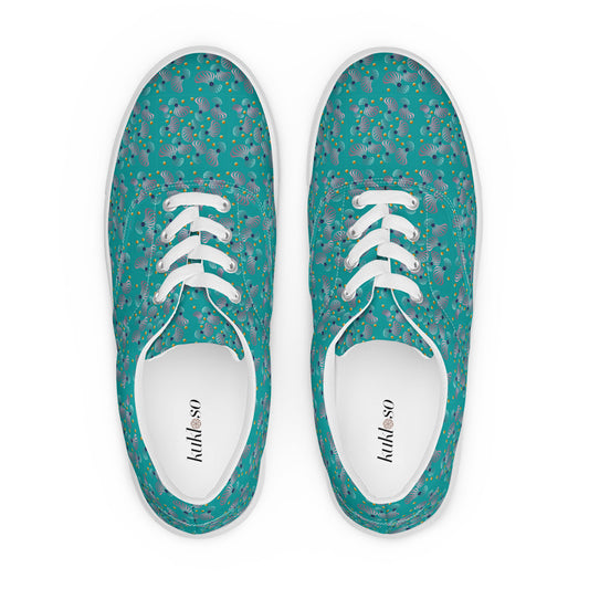 Women’s lace-up canvas shoes Kukloso Whimsical No 83 Pink/Aqua/Navy Spirials on Turquoise - Free Shipping