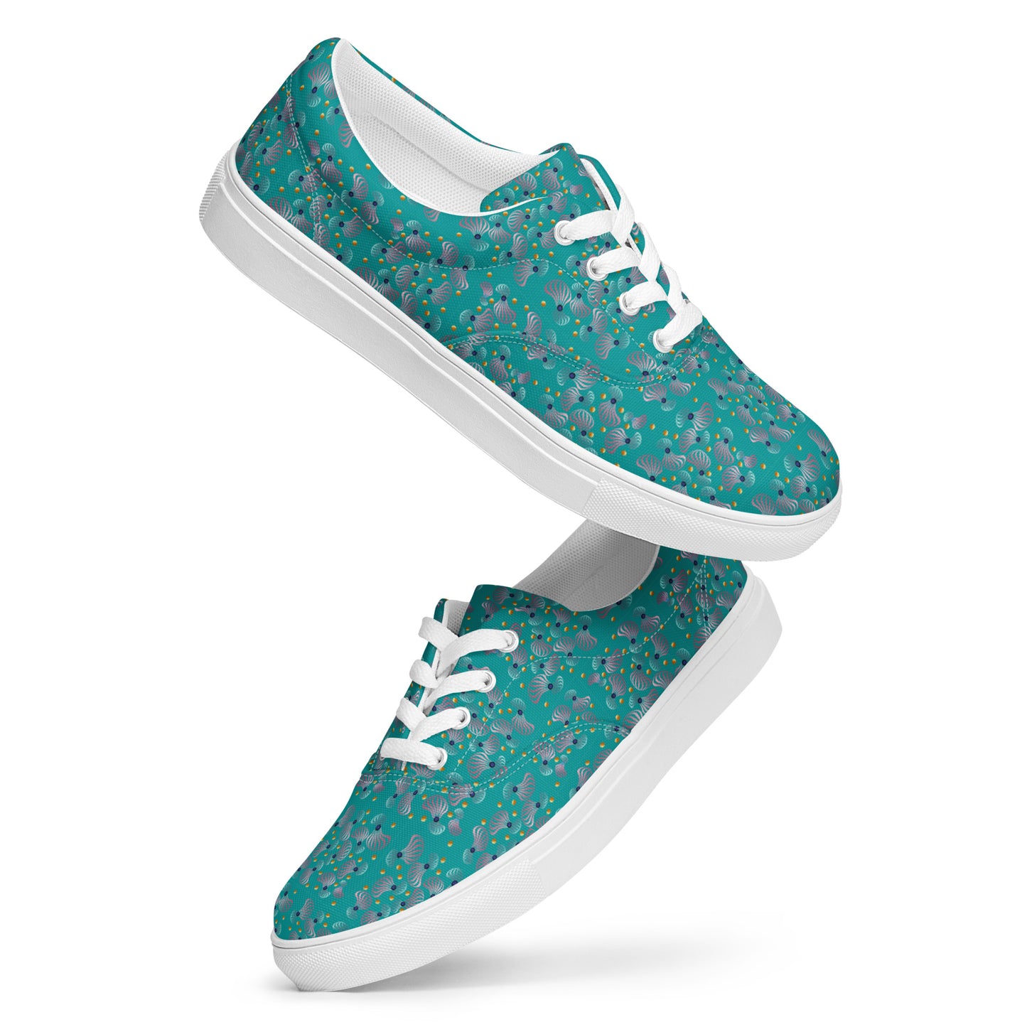 Women’s lace-up canvas shoes Kukloso Whimsical No 83 Pink/Aqua/Navy Spirials on Turquoise - Free Shipping