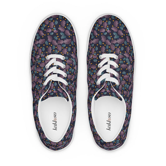 Women’s lace-up canvas shoes Kukloso Whimsical No 81 Pink/Aqua Spirials on Navy - Free Shipping