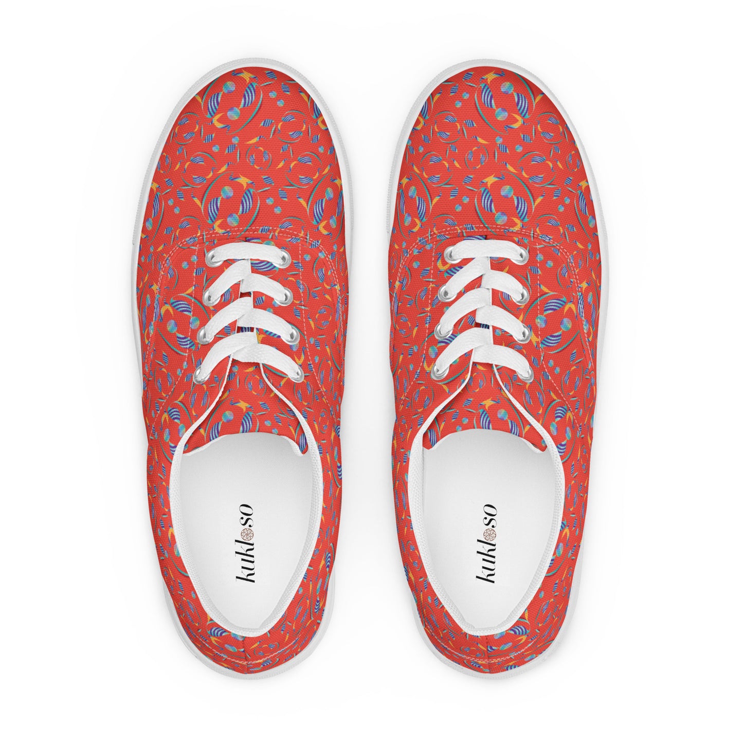 Women’s lace-up canvas shoes Kukloso Whimsical No 80 Quirky Shapes on Orange - Free Shipping