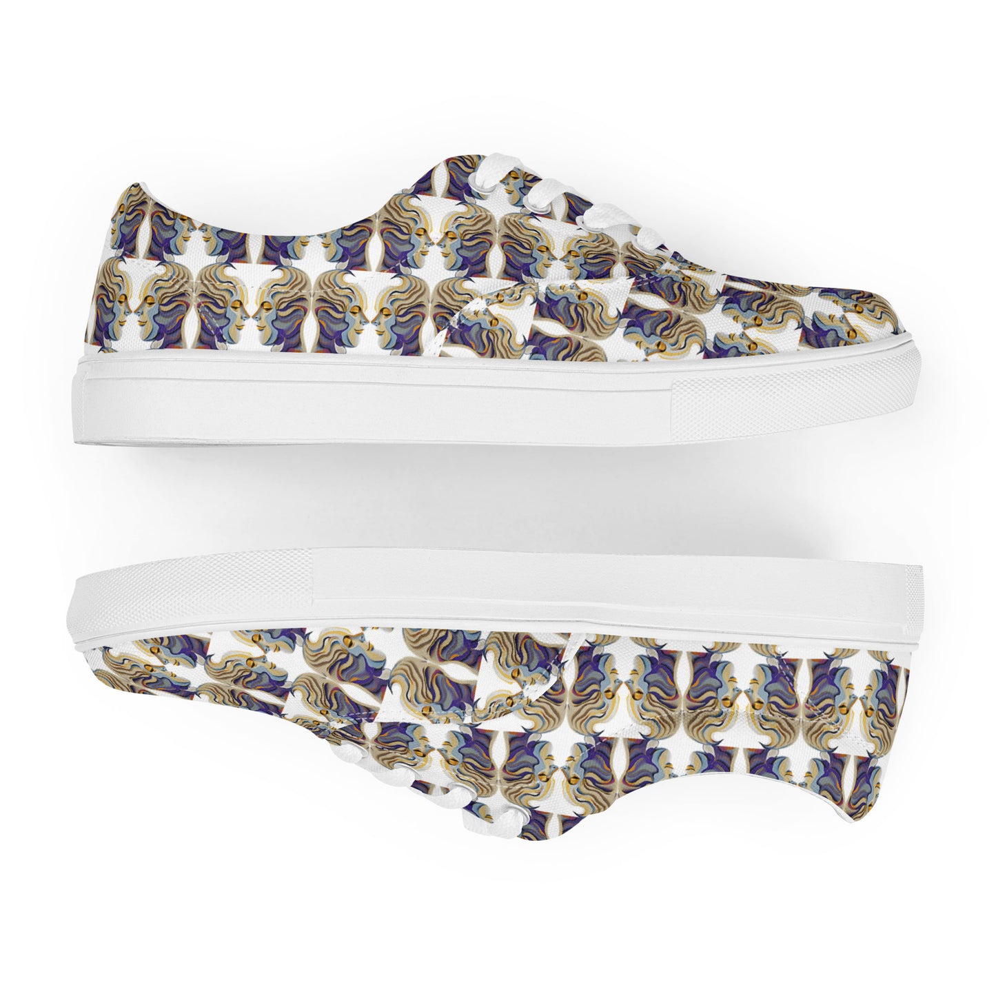 Women’s lace-up canvas shoes Kukloso Cubist Faces No 1 Small Pattern on White- Free Shipping