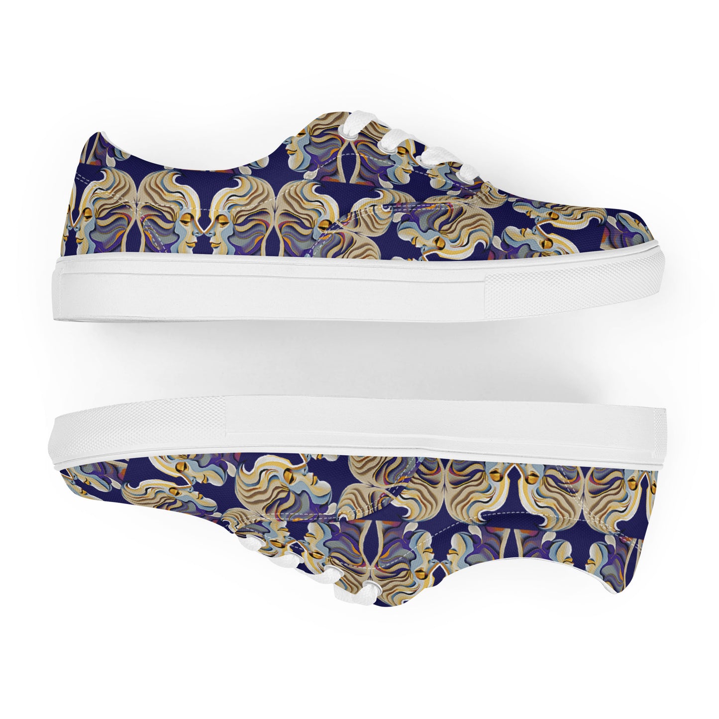 Women’s lace-up canvas shoes Kukloso Cubist Faces No 1 Large Pattern on Navy- Free Shipping