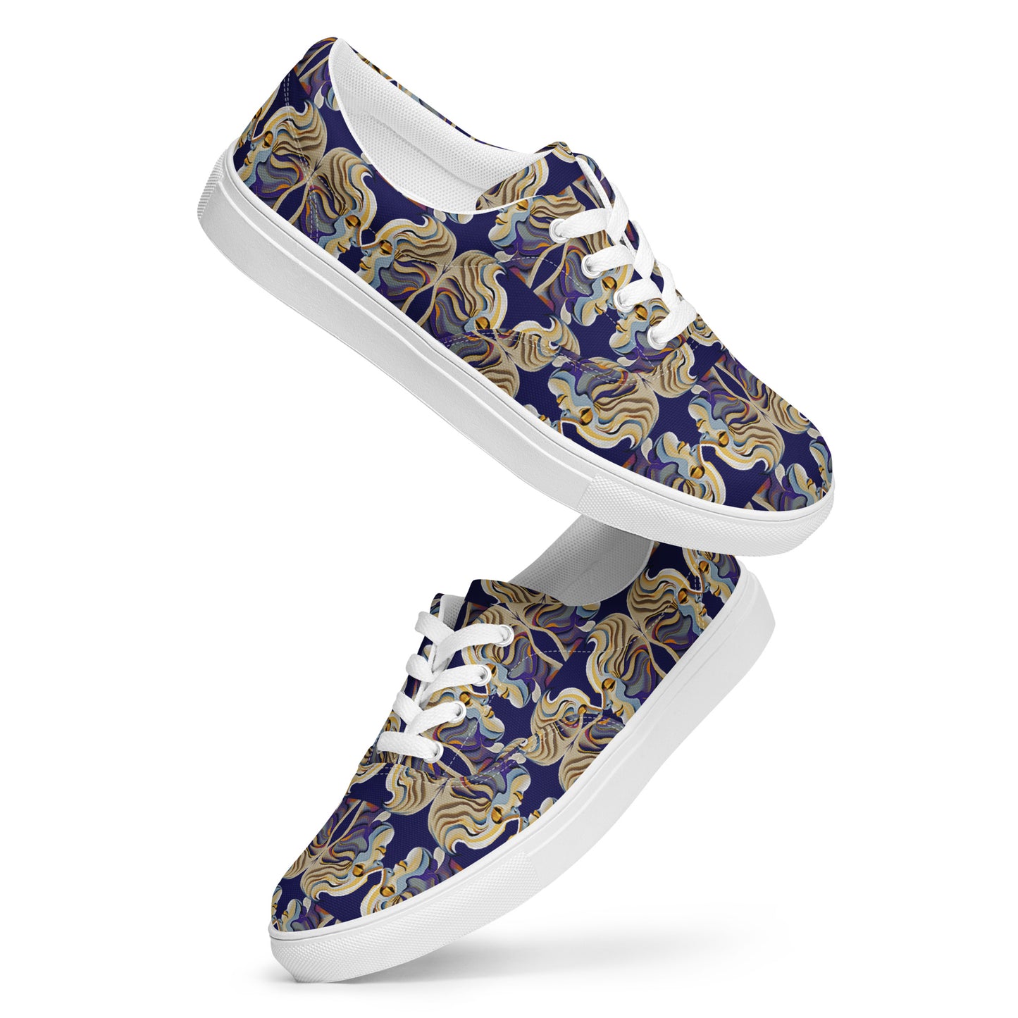 Women’s lace-up canvas shoes Kukloso Cubist Faces No 1 Large Pattern on Navy- Free Shipping