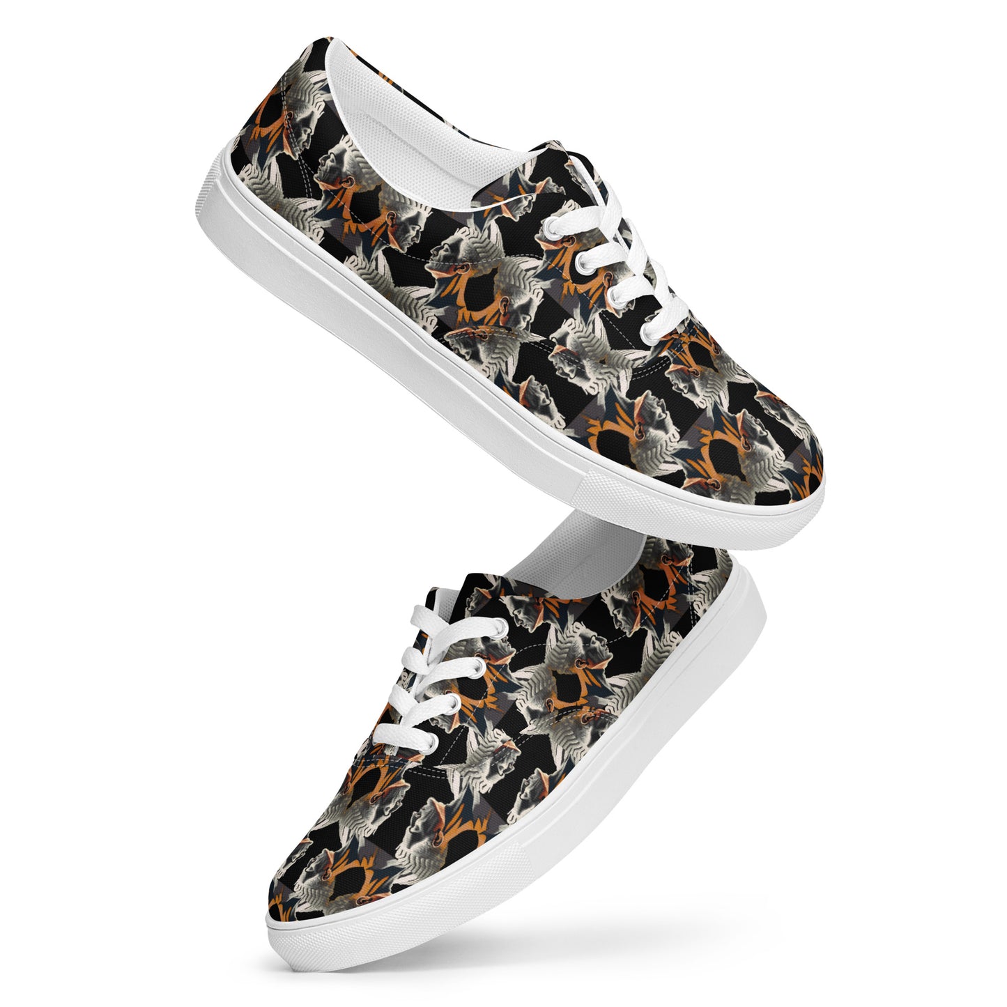 Women’s lace-up canvas shoes Kukloso Cubist Faces No 2 Large Pattern on Black - Free Shipping