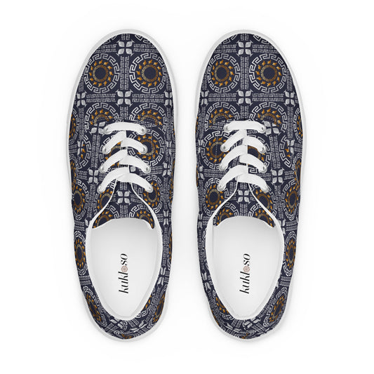 Women’s lace-up canvas shoes Kukloso Greek Border No 40 Ganesha on Navy - Free Shipping