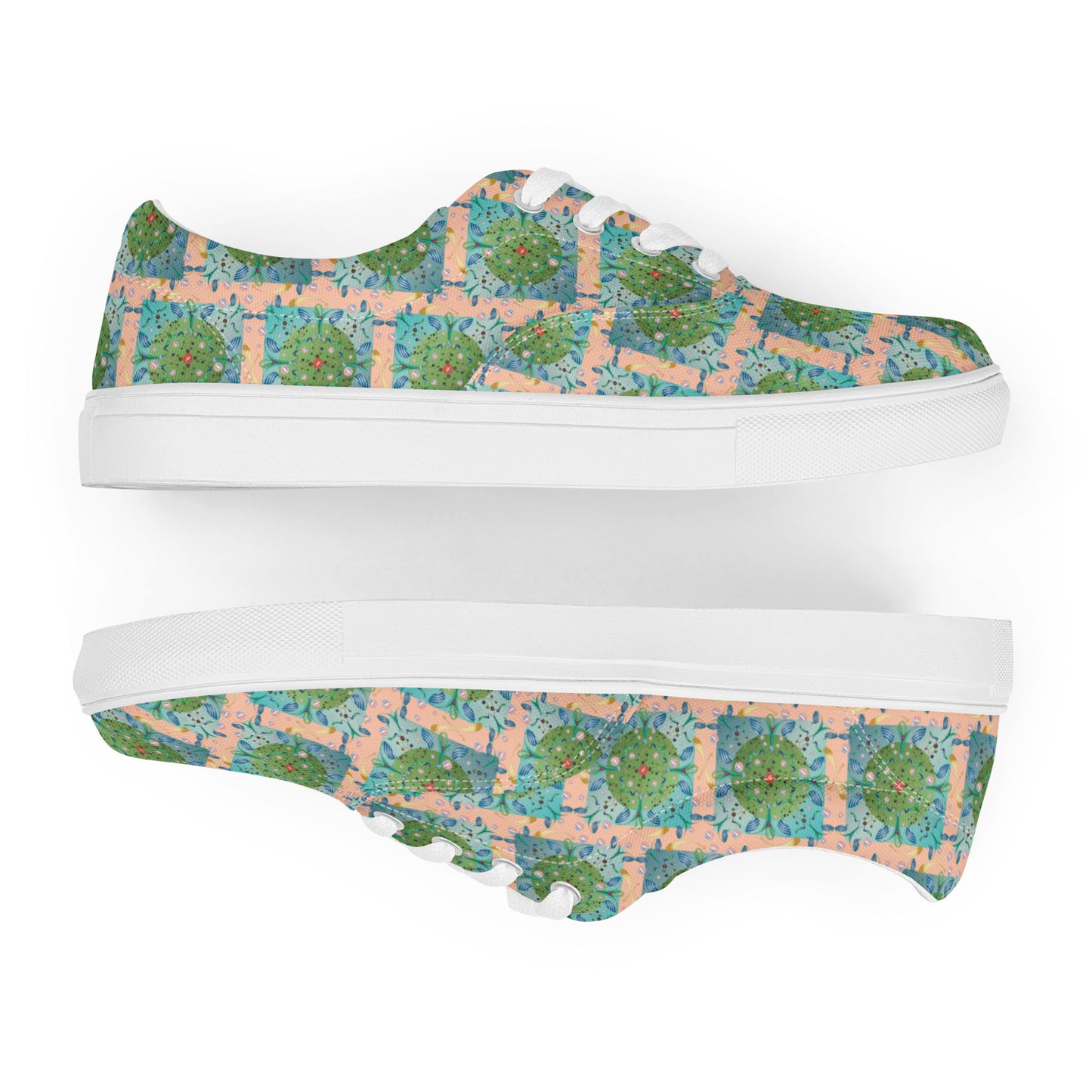 Women’s lace-up canvas shoes Kukloso Whimsical No 16 Green/Aqua on Peach - Free Shipping