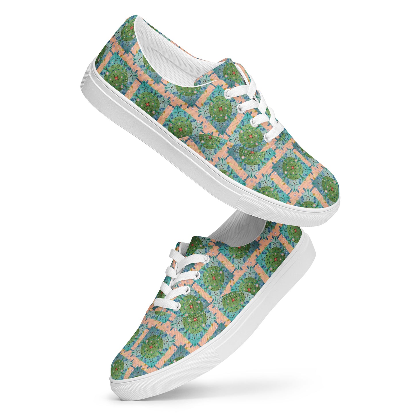 Women’s lace-up canvas shoes Kukloso Whimsical No 16 Green/Aqua on Peach - Free Shipping