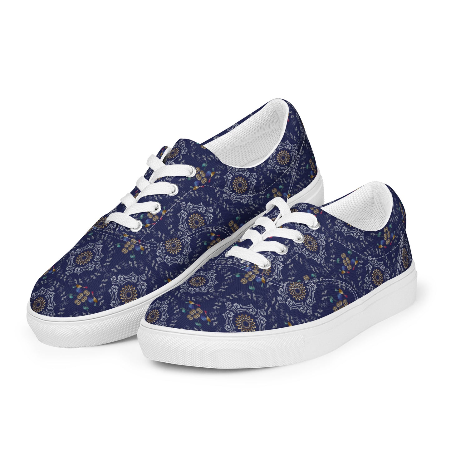 Women’s lace-up canvas shoes Kukloso Abstractical No 46 Silver/Gold Mandala Shapes on Navy - Free Shipping