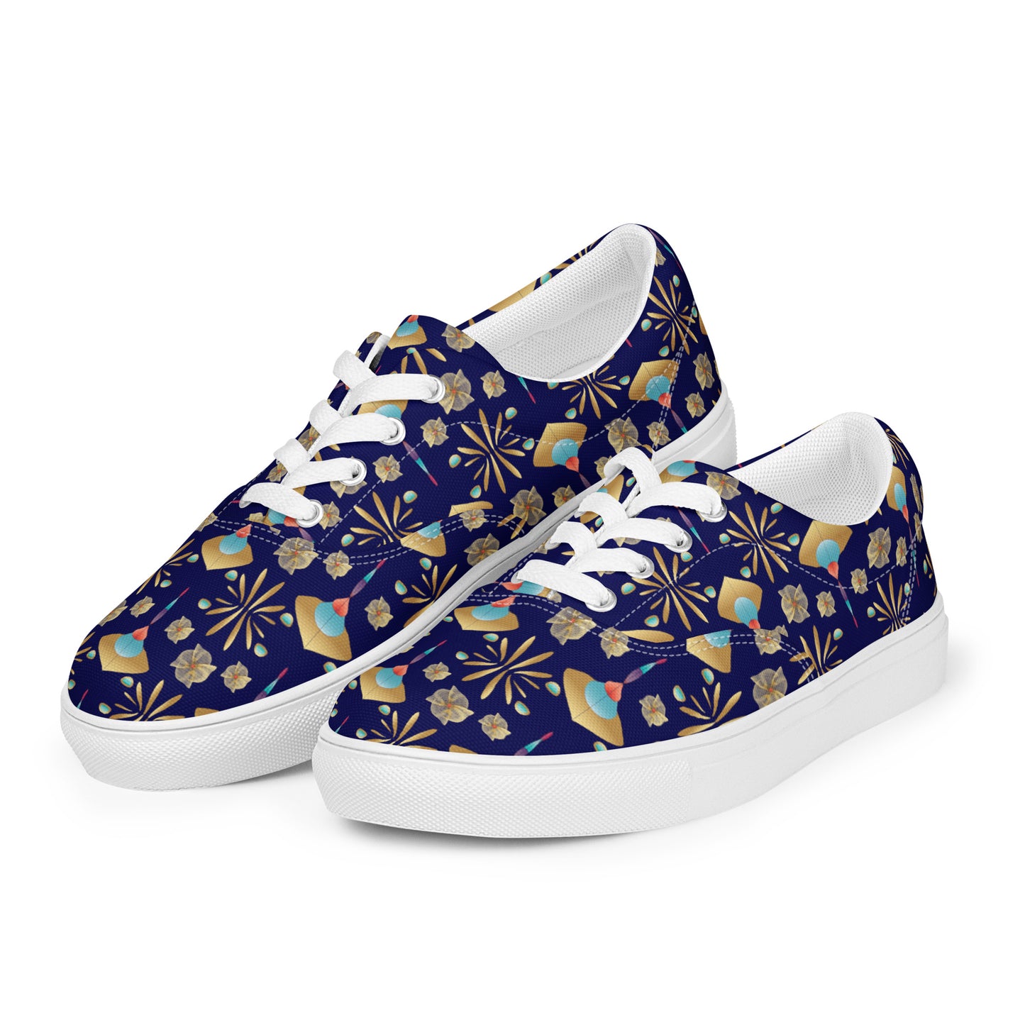 Women’s lace-up canvas shoes Kukloso Abstractical No 55 Gold Shapes on Navy - Free Shipping