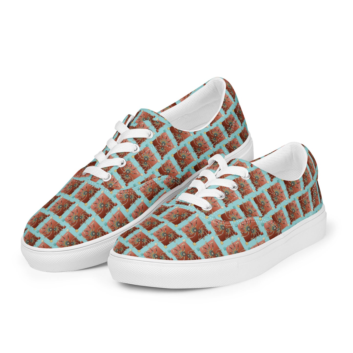 Women’s lace-up canvas shoes Kukloso Abstractical No 61 Copper Mandala Squares on Aqua - Free Shipping