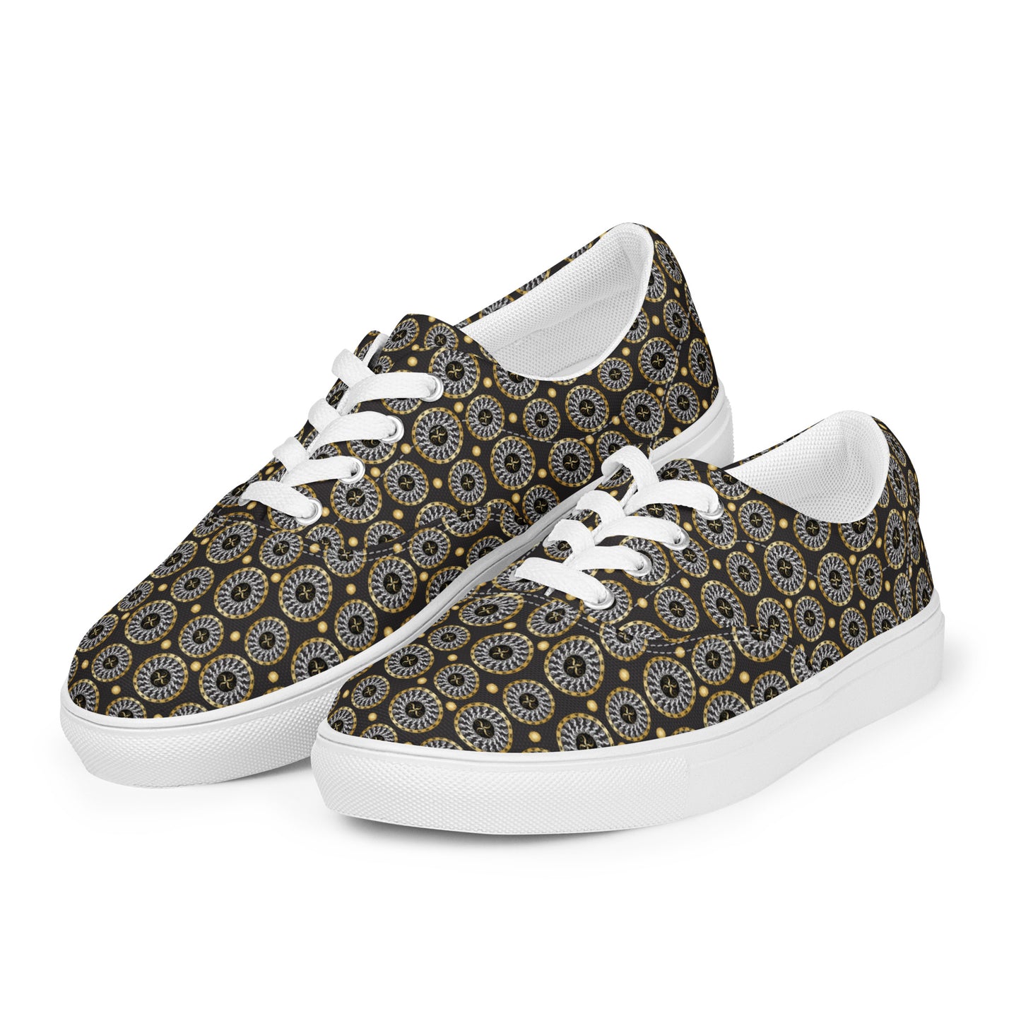 Women’s lace-up canvas shoes Kukloso Abstractical No 173 Gold/Silver Mini-Mandalas on Black - Free Shipping